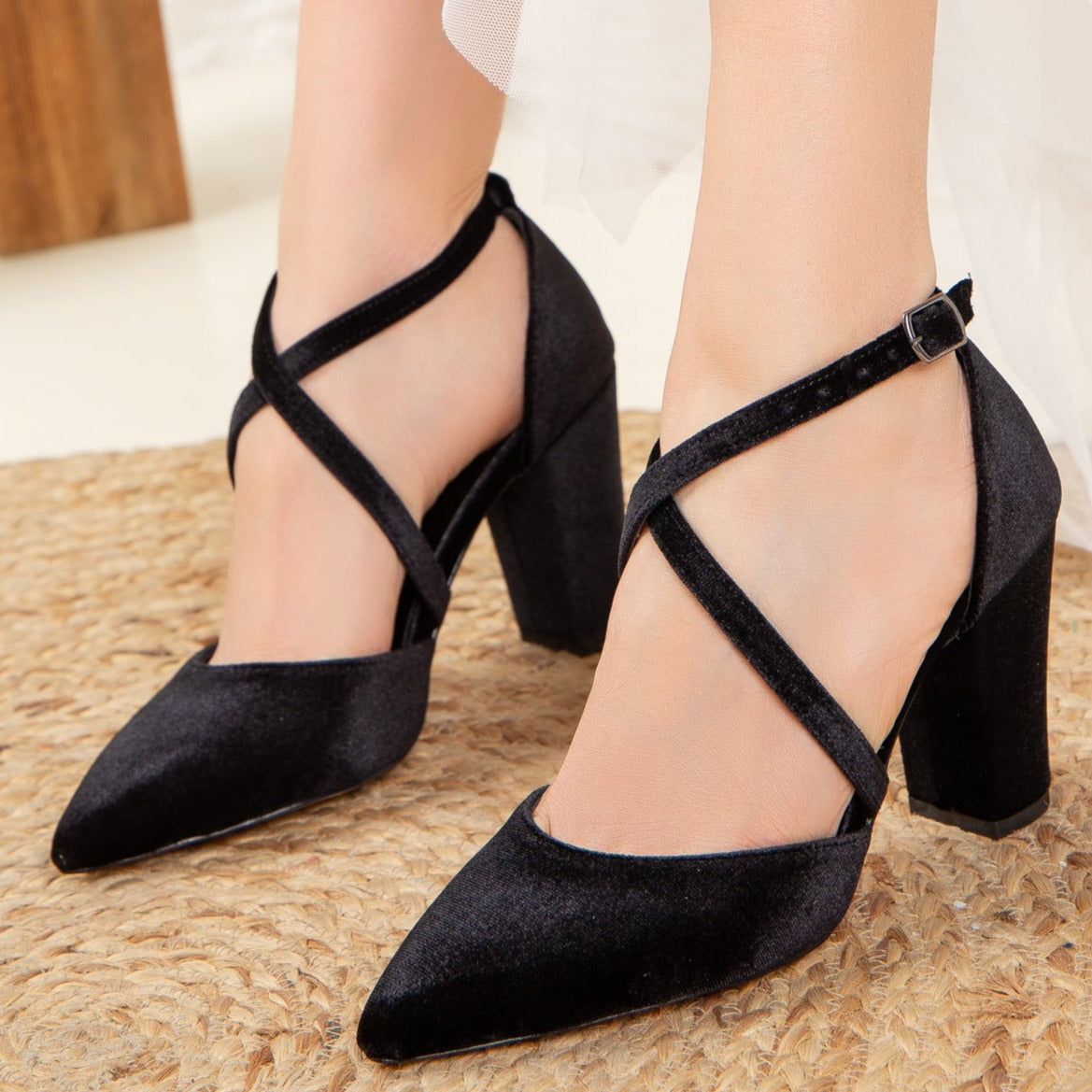 Sina - Black Velvet Criss Cross Heels by Prologue Shoes - Bare Fashion