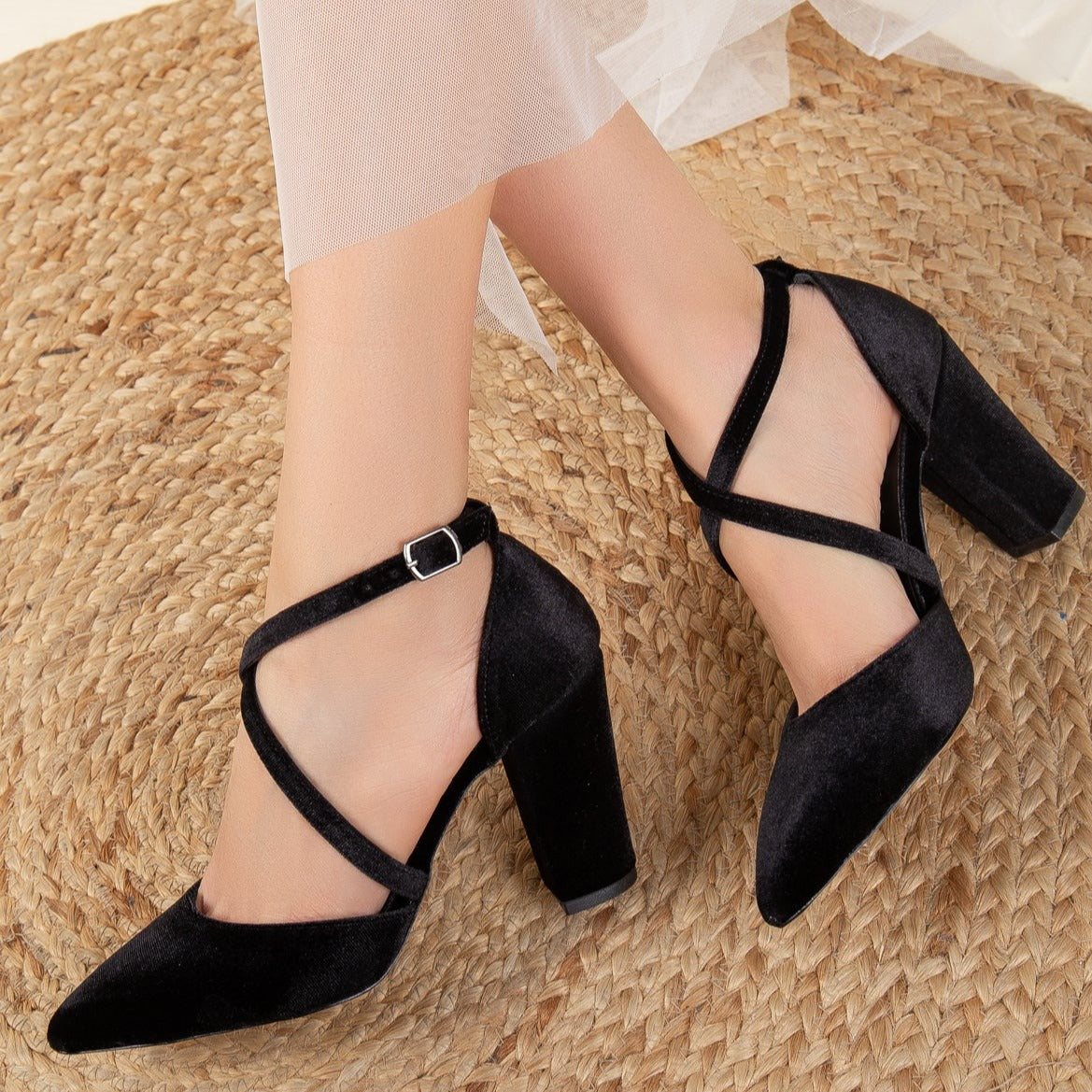 Sina - Black Velvet Criss Cross Heels by Prologue Shoes - Bare Fashion