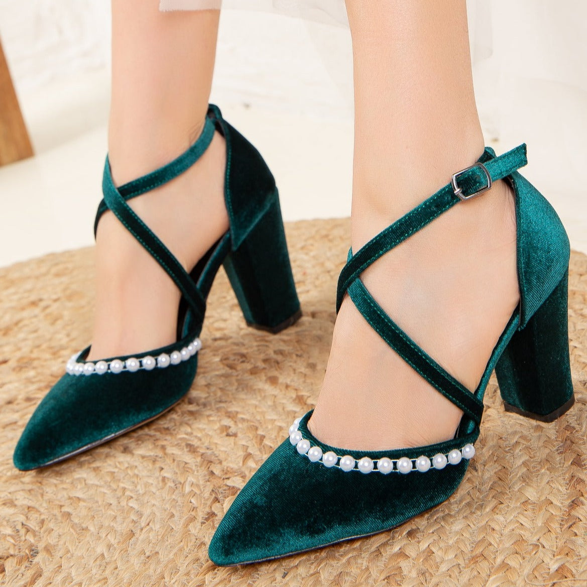 Sina - Pearl Green Velvet Heels by Prologue Shoes - Bare Fashion