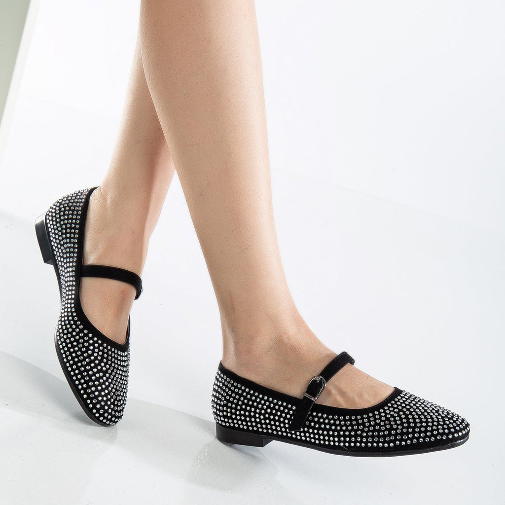 Emilie - Studded Mini Crystal Mary Jane Flats by Prologue Shoes - Bare Fashion