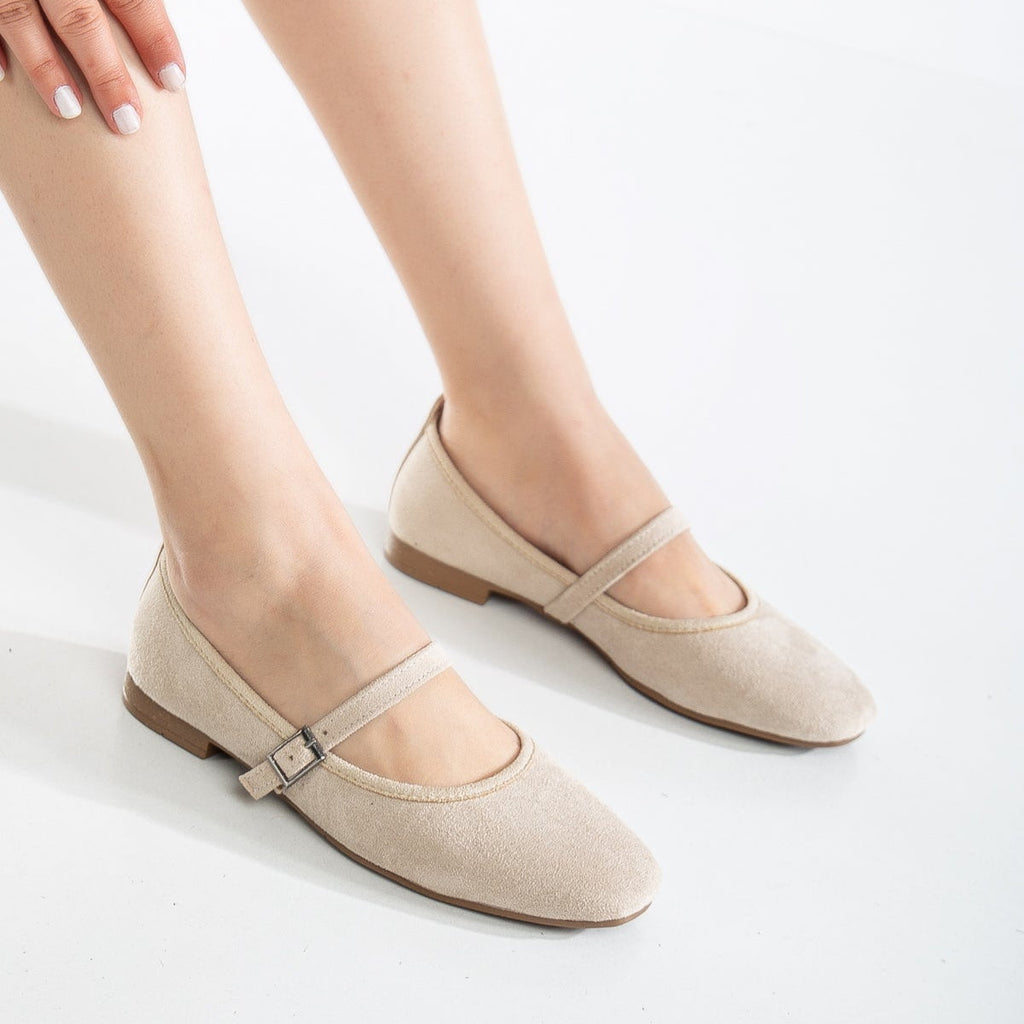 Emilie - Beige Suede Mary Jane Flats by Prologue Shoes - Bare Fashion