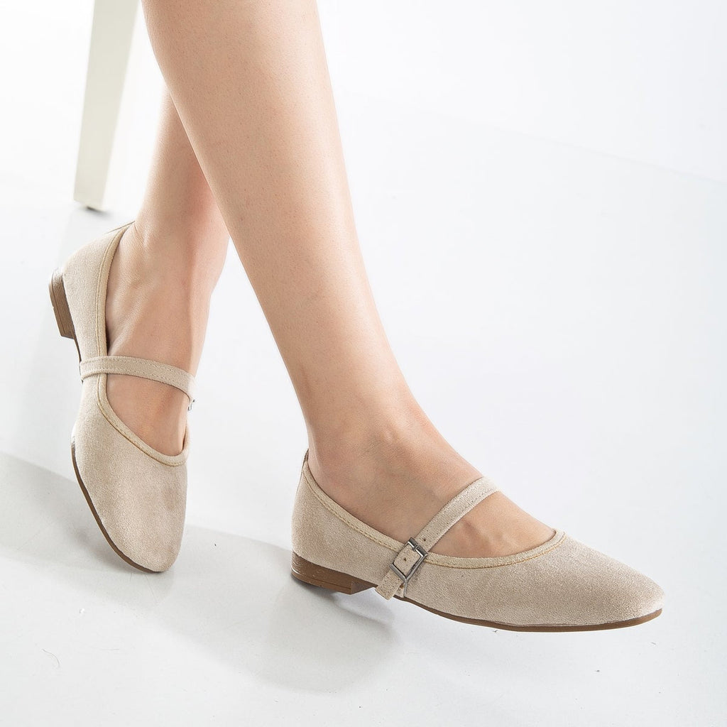 Emilie - Beige Suede Mary Jane Flats by Prologue Shoes - Bare Fashion