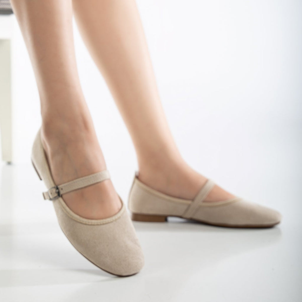 Emilie - Beige Suede Mary Jane Flats by Prologue Shoes - Bare Fashion