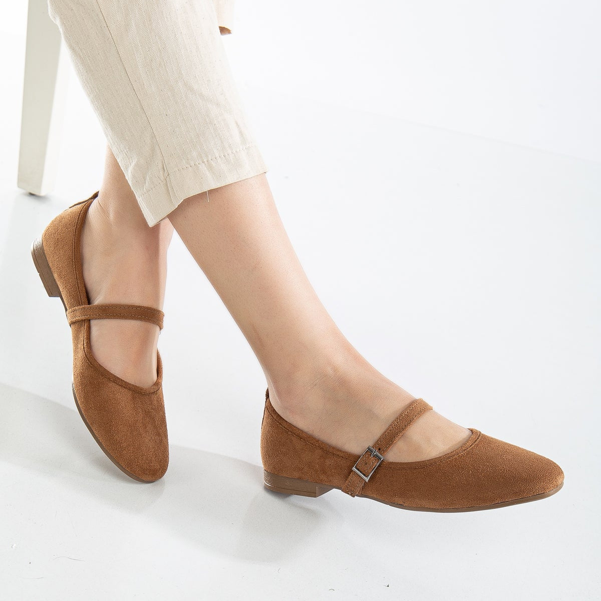 Emilie - Cognac Brown Suede Mary Jane Flats by Prologue Shoes - Bare Fashion