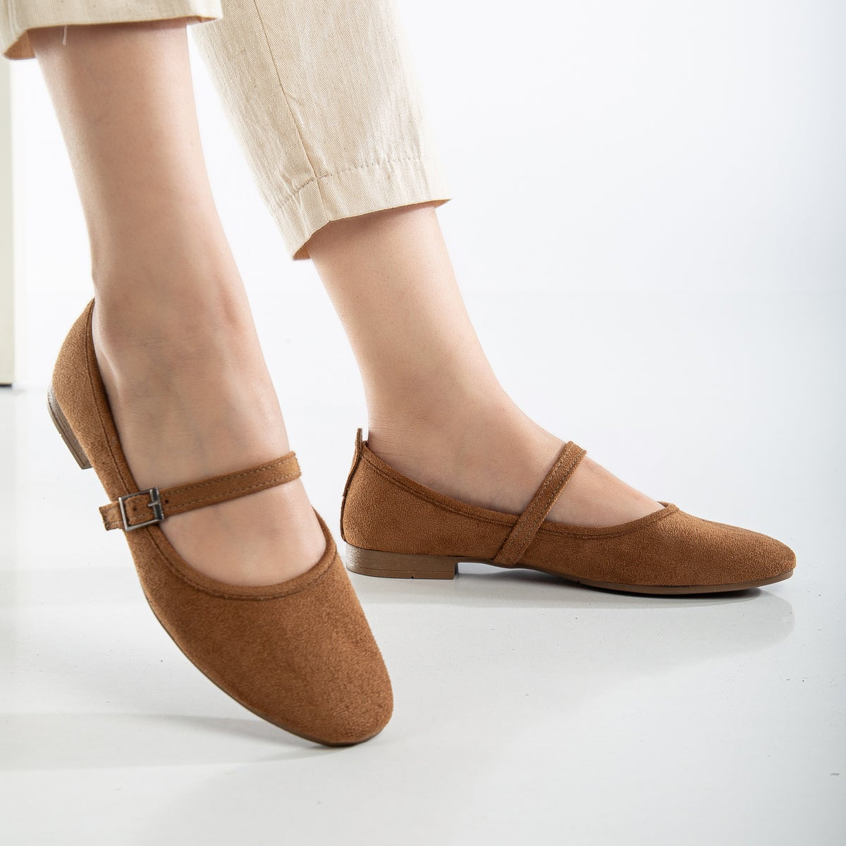 Emilie - Cognac Brown Suede Mary Jane Flats by Prologue Shoes - Bare Fashion
