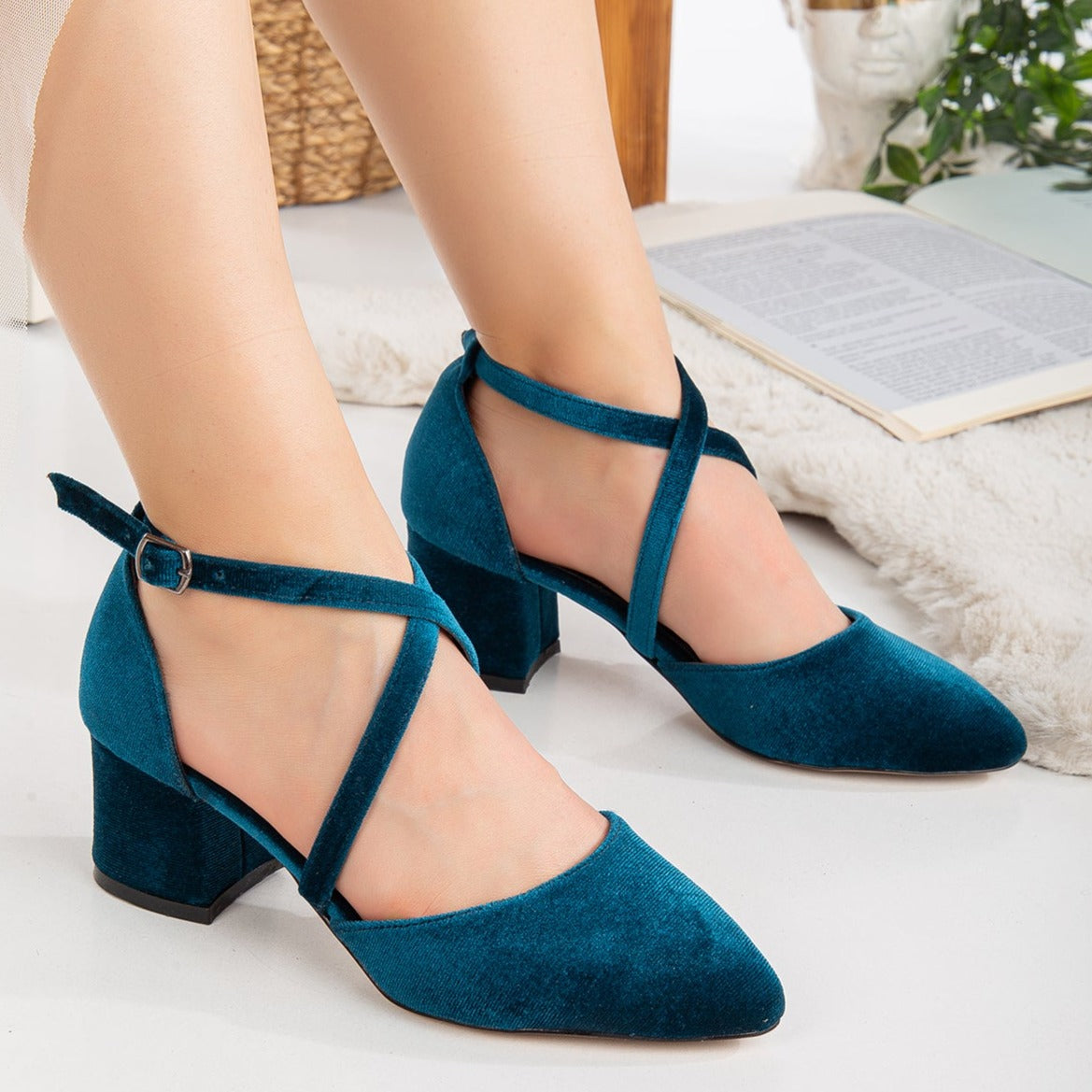 Dolly - Teal Blue Velvet Block Heels by Prologue Shoes - Bare Fashion