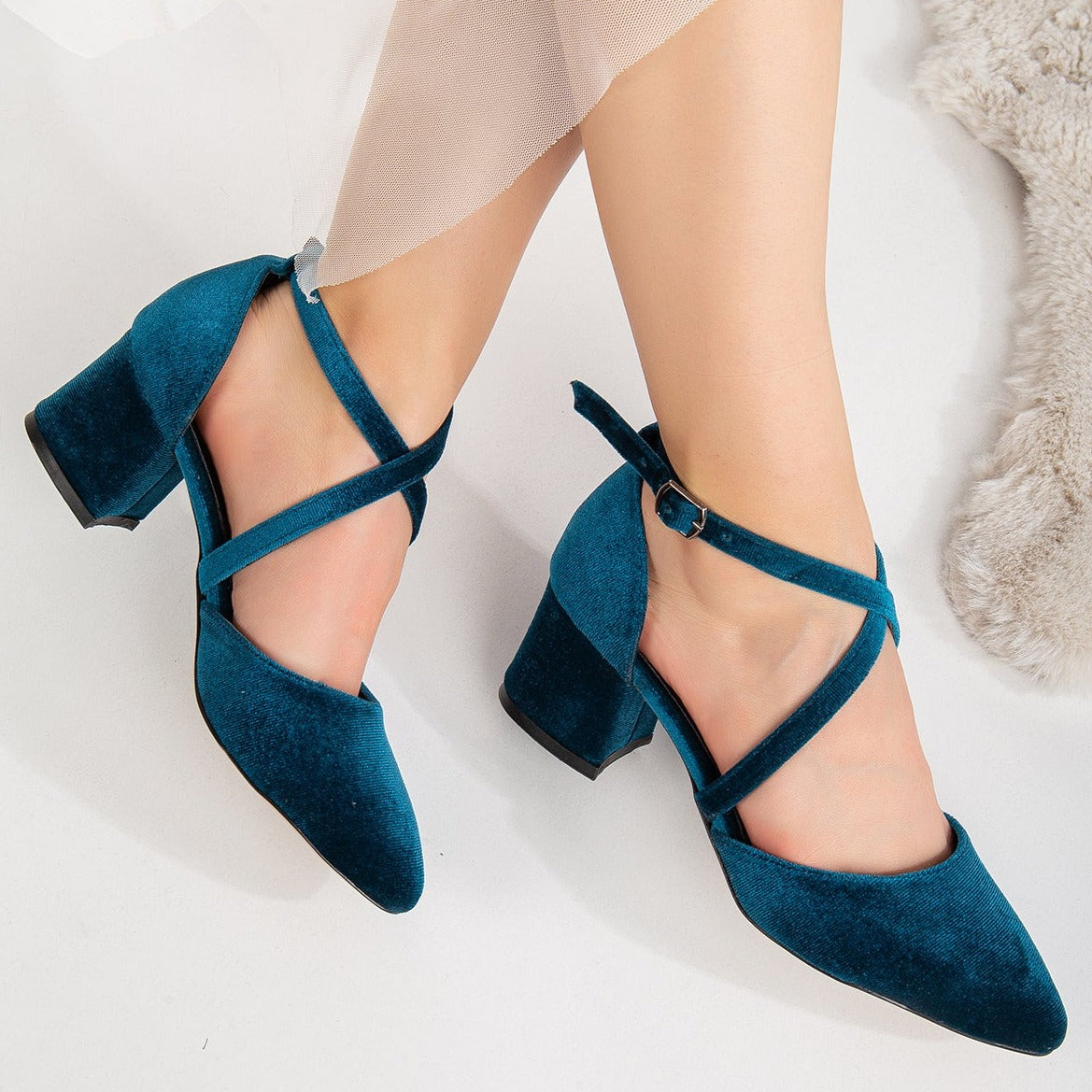 Dolly - Teal Blue Velvet Block Heels by Prologue Shoes - Bare Fashion
