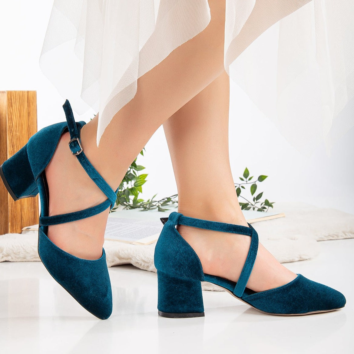 Dolly - Teal Blue Velvet Block Heels by Prologue Shoes - Bare Fashion