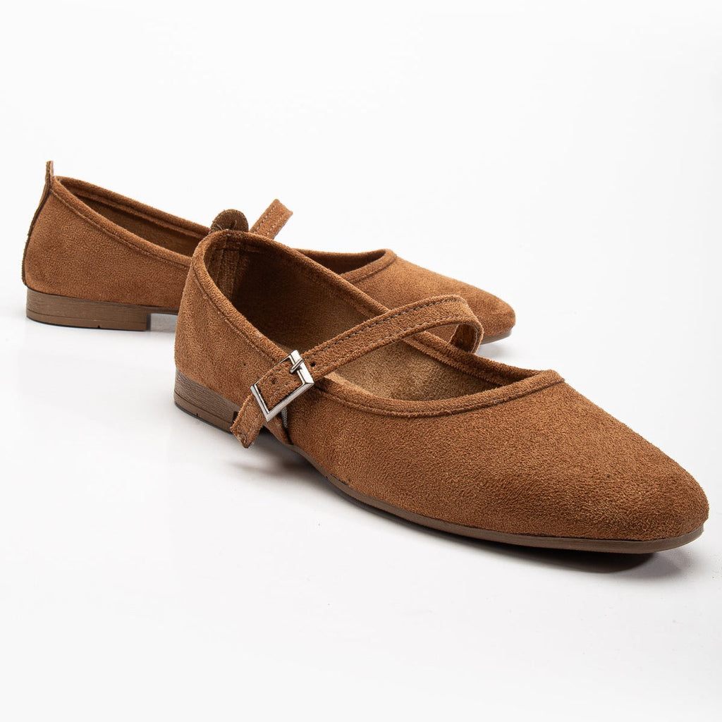Emilie - Cognac Brown Suede Mary Jane Flats by Prologue Shoes - Bare Fashion