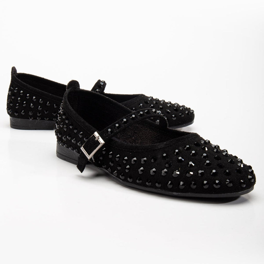 Emilie - Black Studded Crystal Mary Jane Flats by Prologue Shoes - Bare Fashion