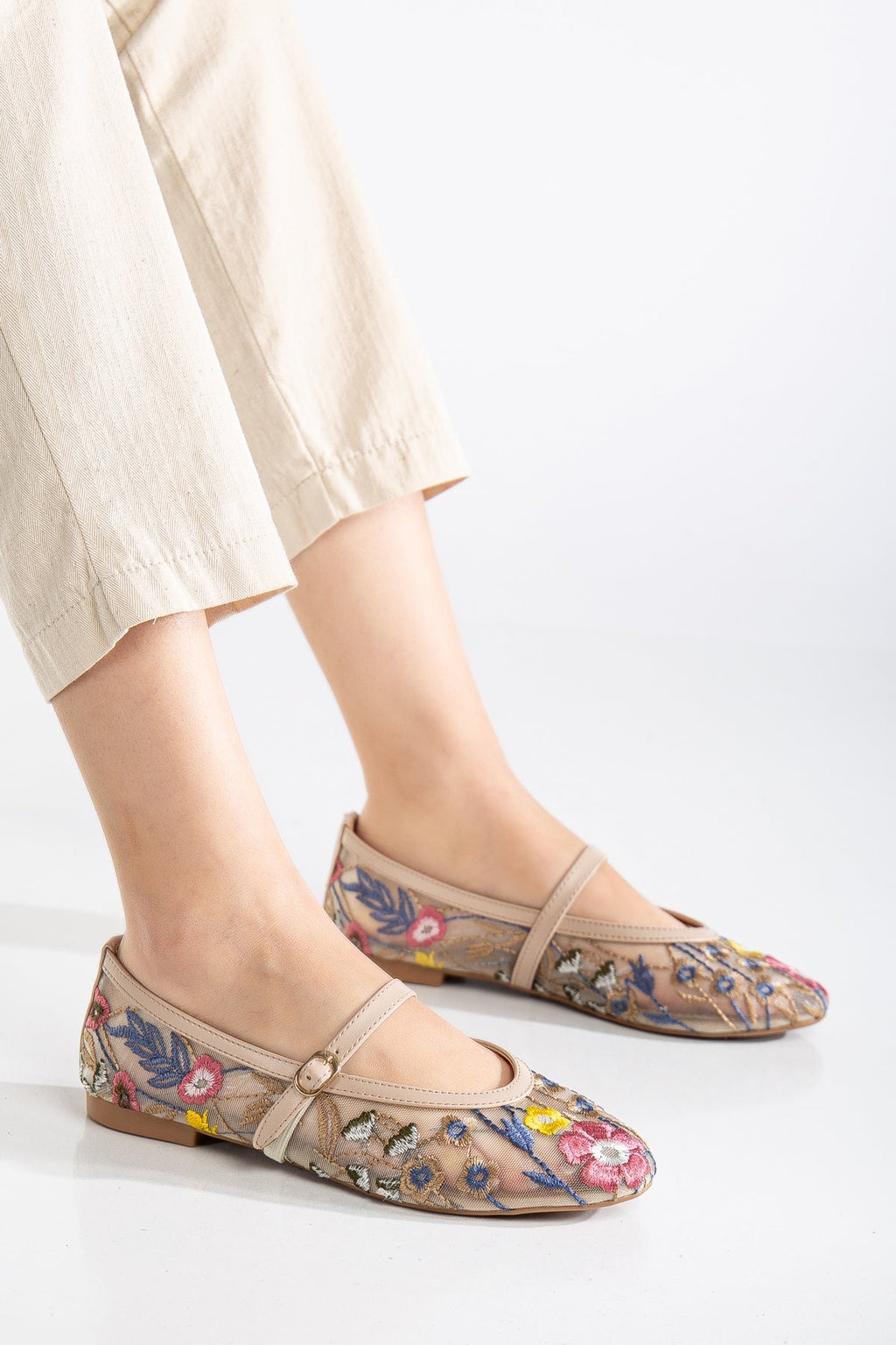 Fauna - Beige Mesh Mary Jane Flats by Prologue Shoes - Bare Fashion