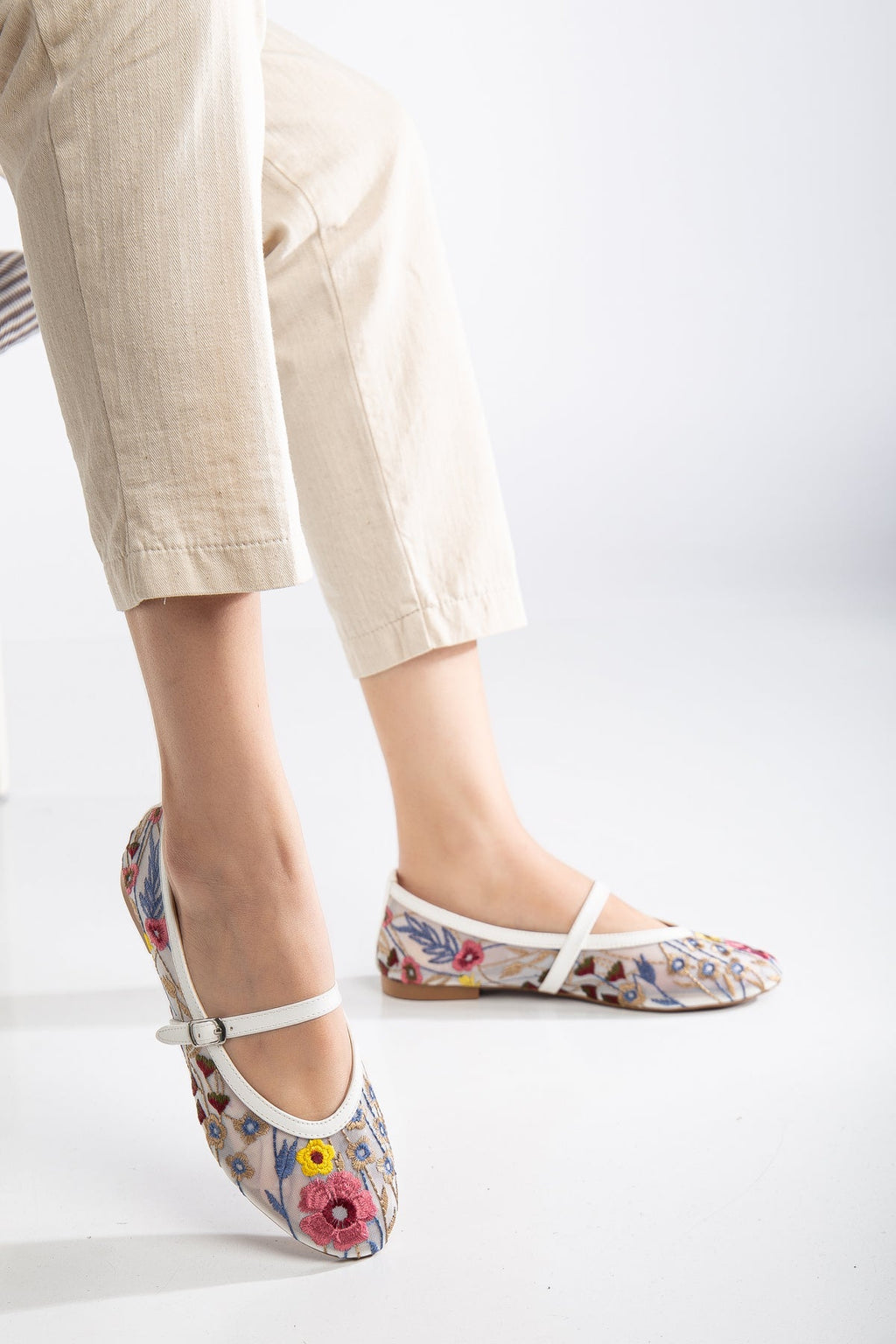 Fauna - White Mesh Mary Jane Flats by Prologue Shoes - Bare Fashion