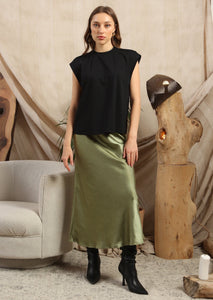Khaki Satin Skirt by Fika - Bare Fashion
