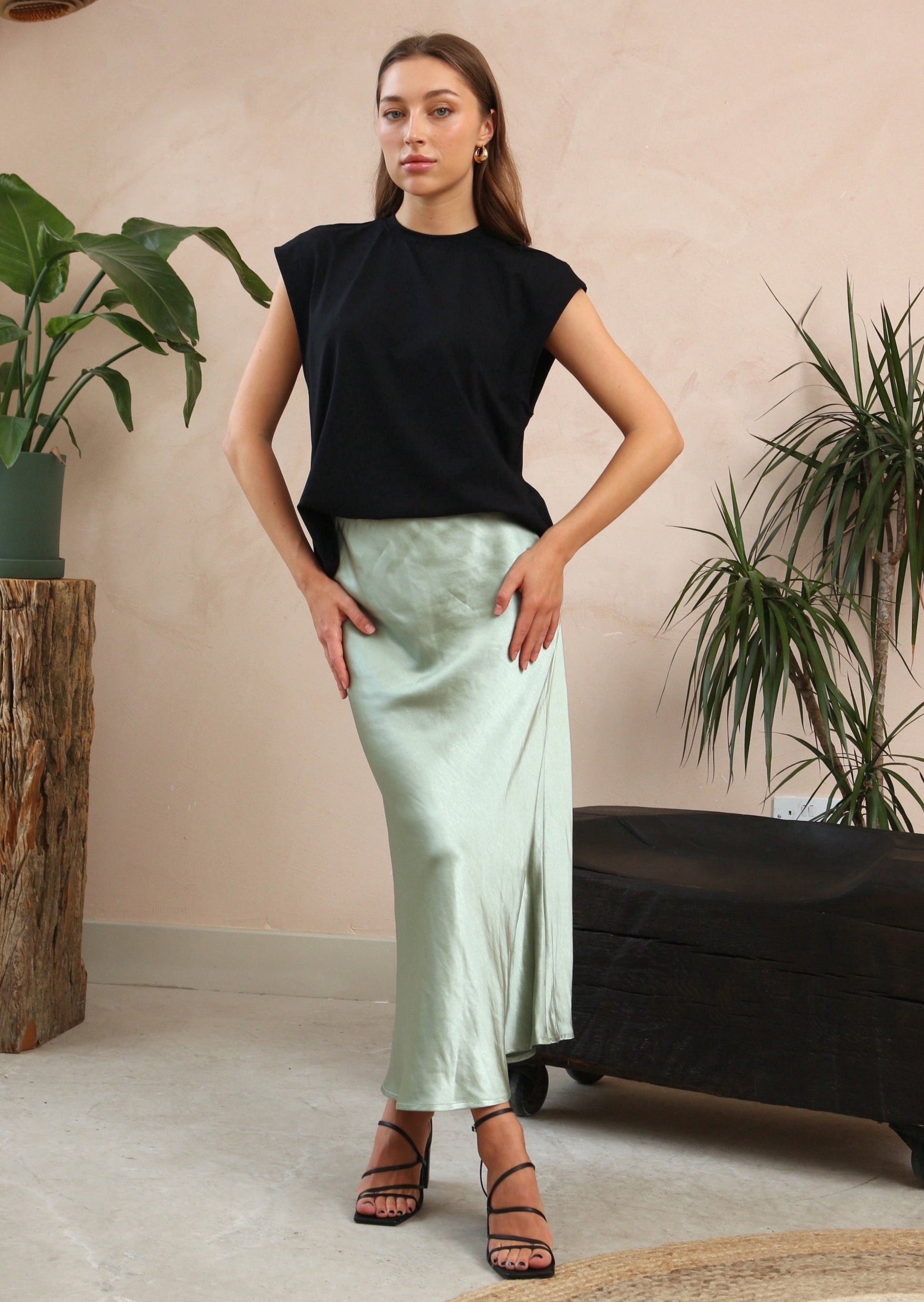 Angel Sage Satin Skirt by Fika - Bare Fashion
