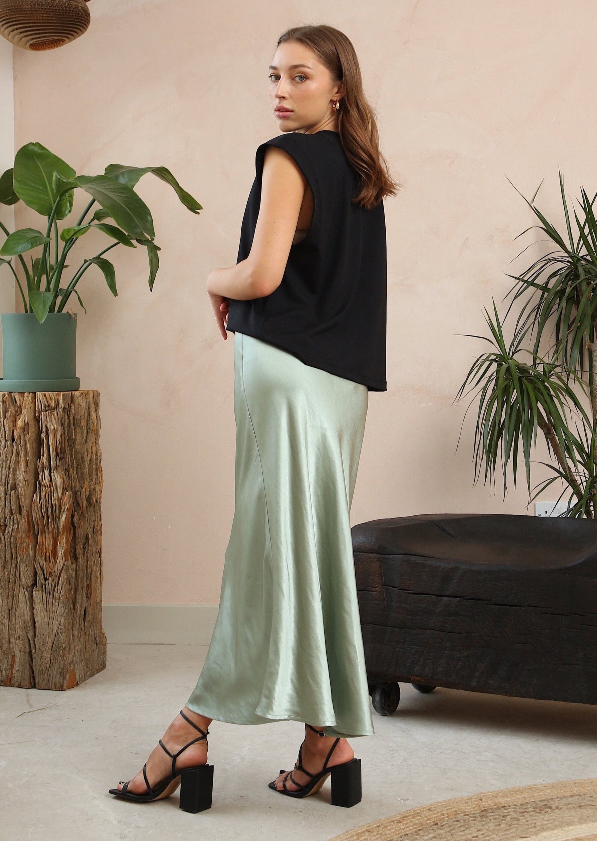 Angel Sage Satin Skirt by Fika - Bare Fashion