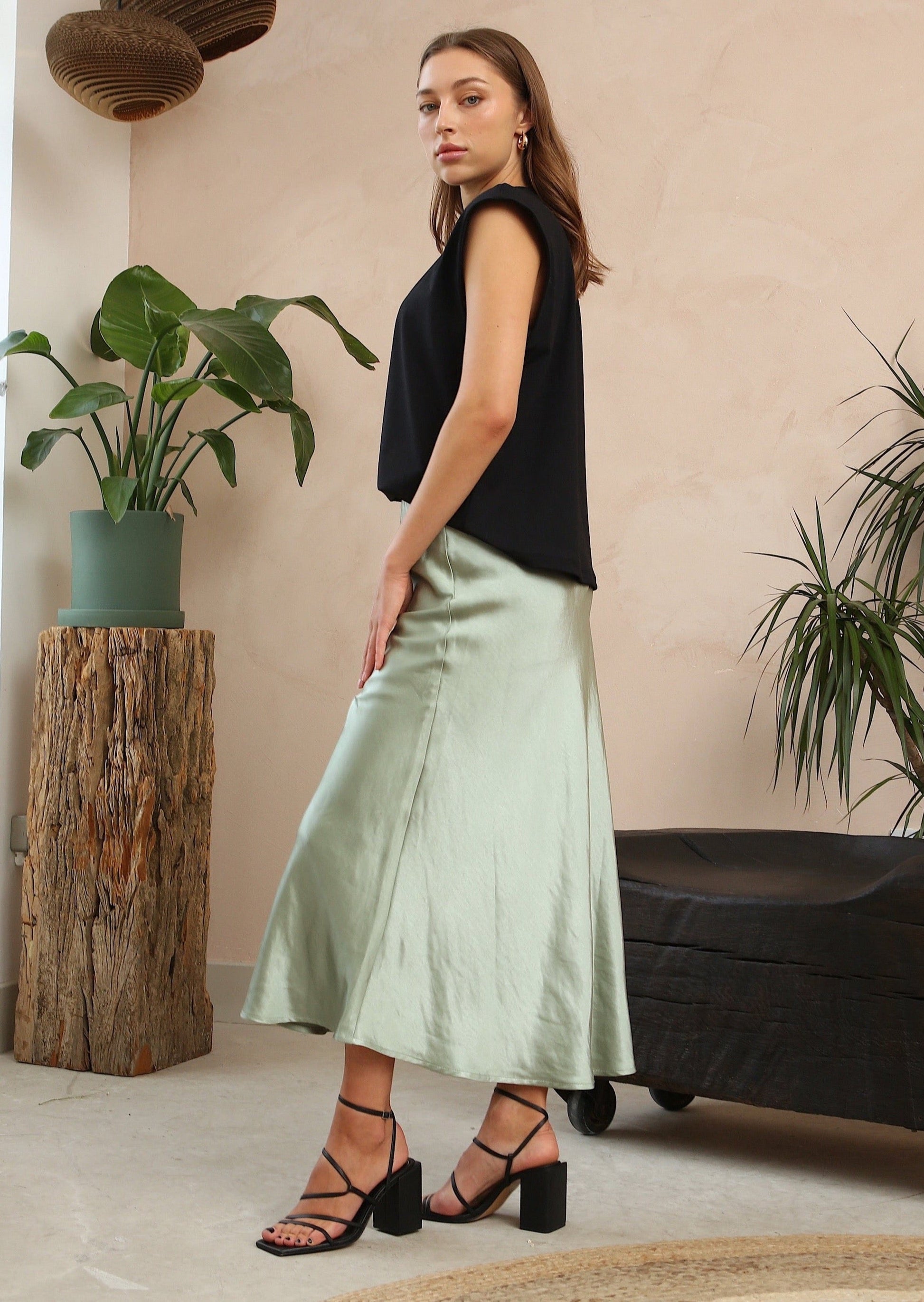 Angel Sage Satin Skirt by Fika - Bare Fashion