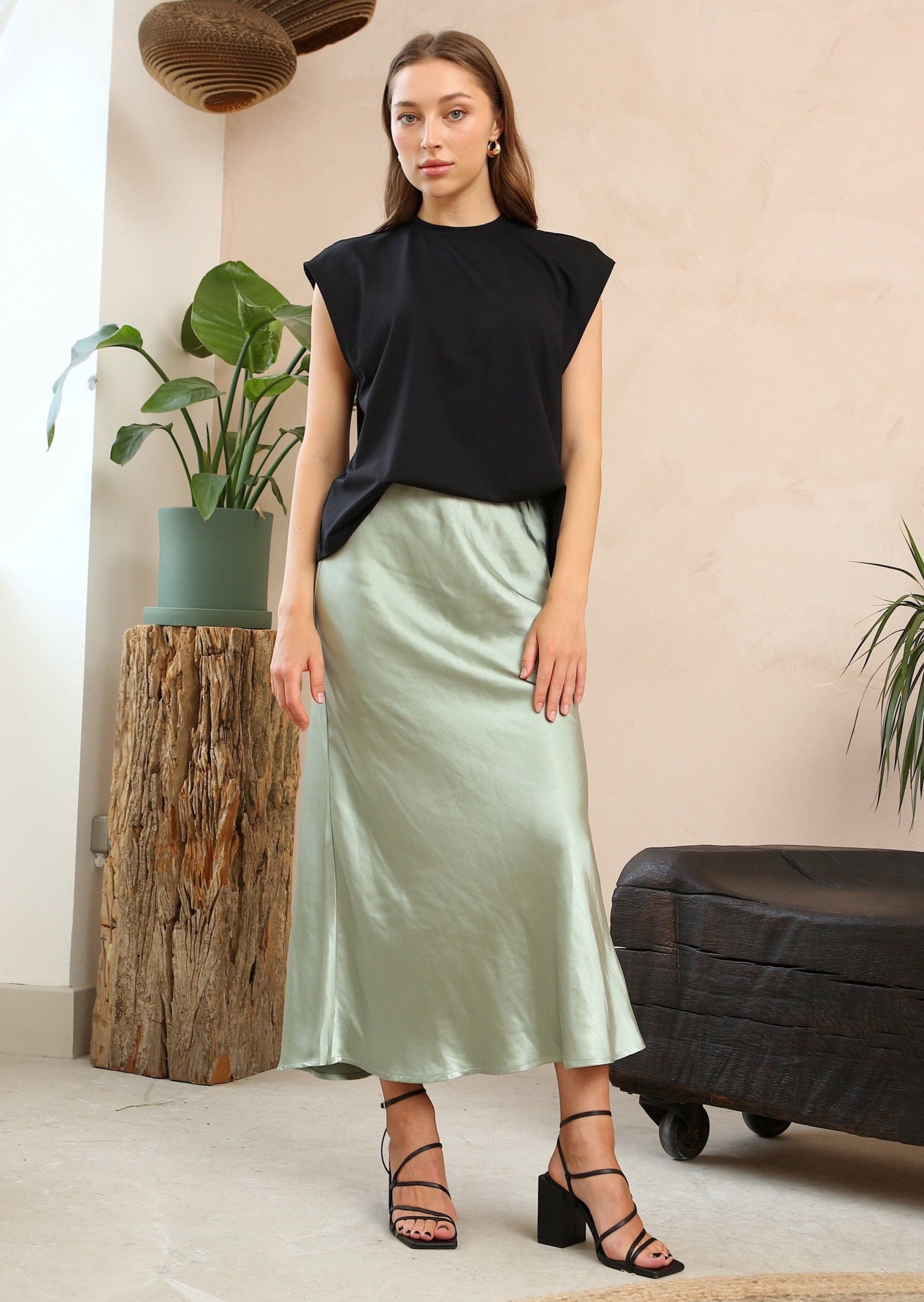 Angel Sage Satin Skirt by Fika - Bare Fashion