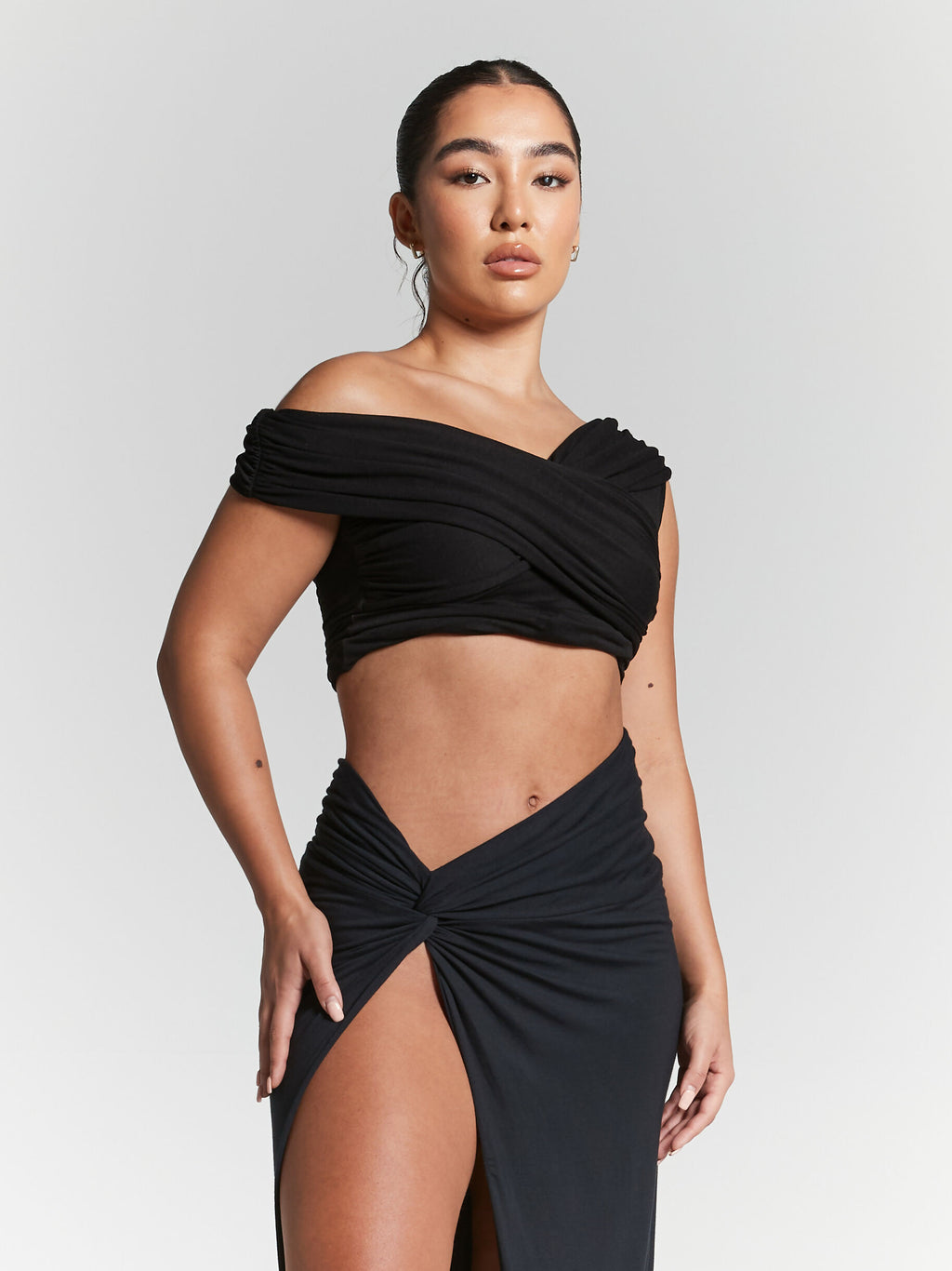 Rhea Black Multiway Ruched Bardot Bodysuit by InFlair - Bare Fashion
