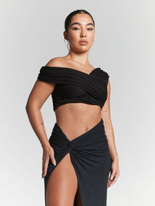 Rhea Black Multiway Ruched Bardot Bodysuit by InFlair - Bare Fashion