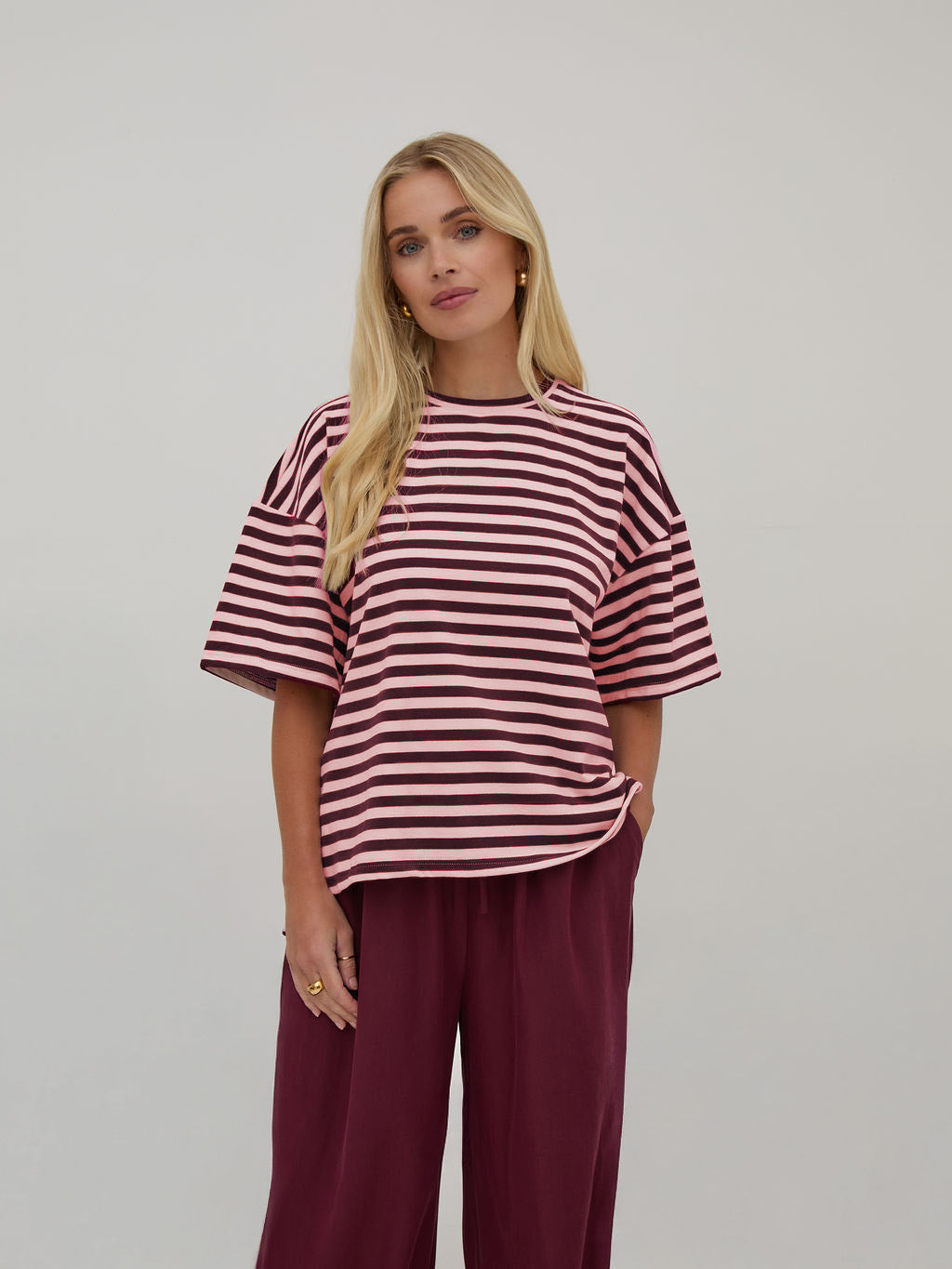 Sara Burgundy & Pink Stripe Super Soft T-Shirt by Fika - Bare Fashion