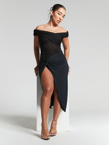 Lexi Black Recycled Ruched Knot Midi Skirt by InFlair - Bare Fashion