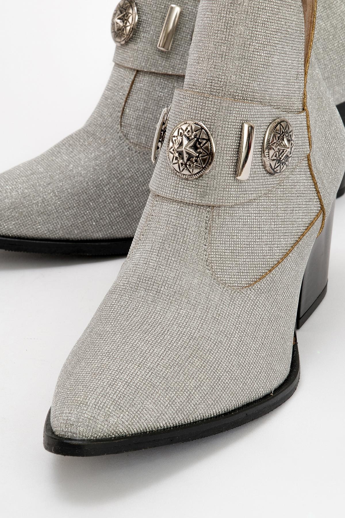 Kenda Silver Glitter Buckle Block Heel Boot (Women) by Prologue Shoes - Bare Fashion
