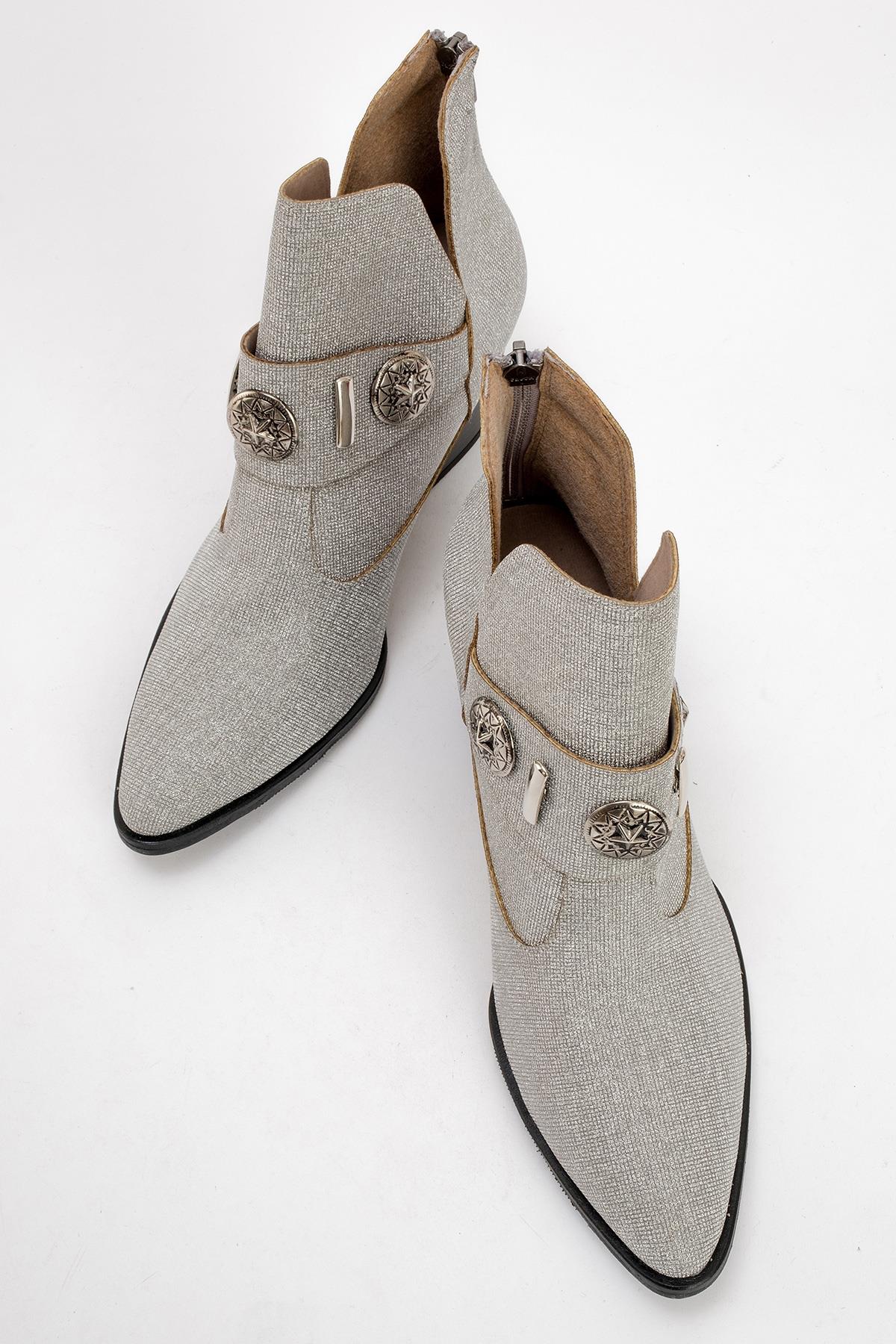 Kenda Silver Glitter Buckle Block Heel Boot (Women) by Prologue Shoes - Bare Fashion