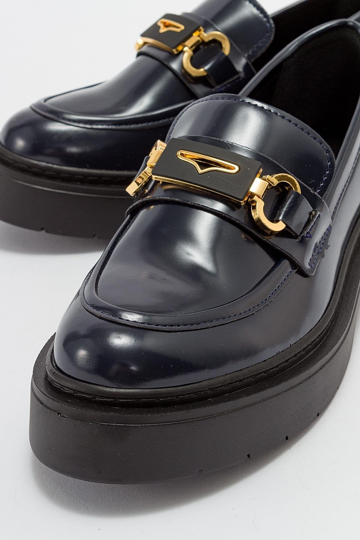 Simone - Navy Patent Bit Platform Loafers by Prologue Shoes - Bare Fashion