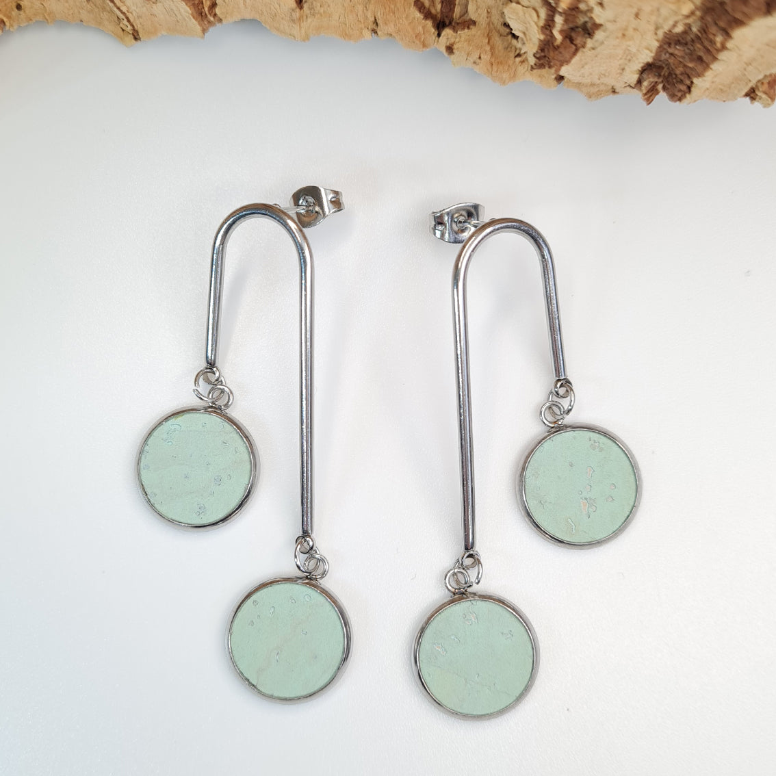 Fabrikk Double Drop Earrings | Mint Green | Eco Cork by FABRIKK - Bare Fashion