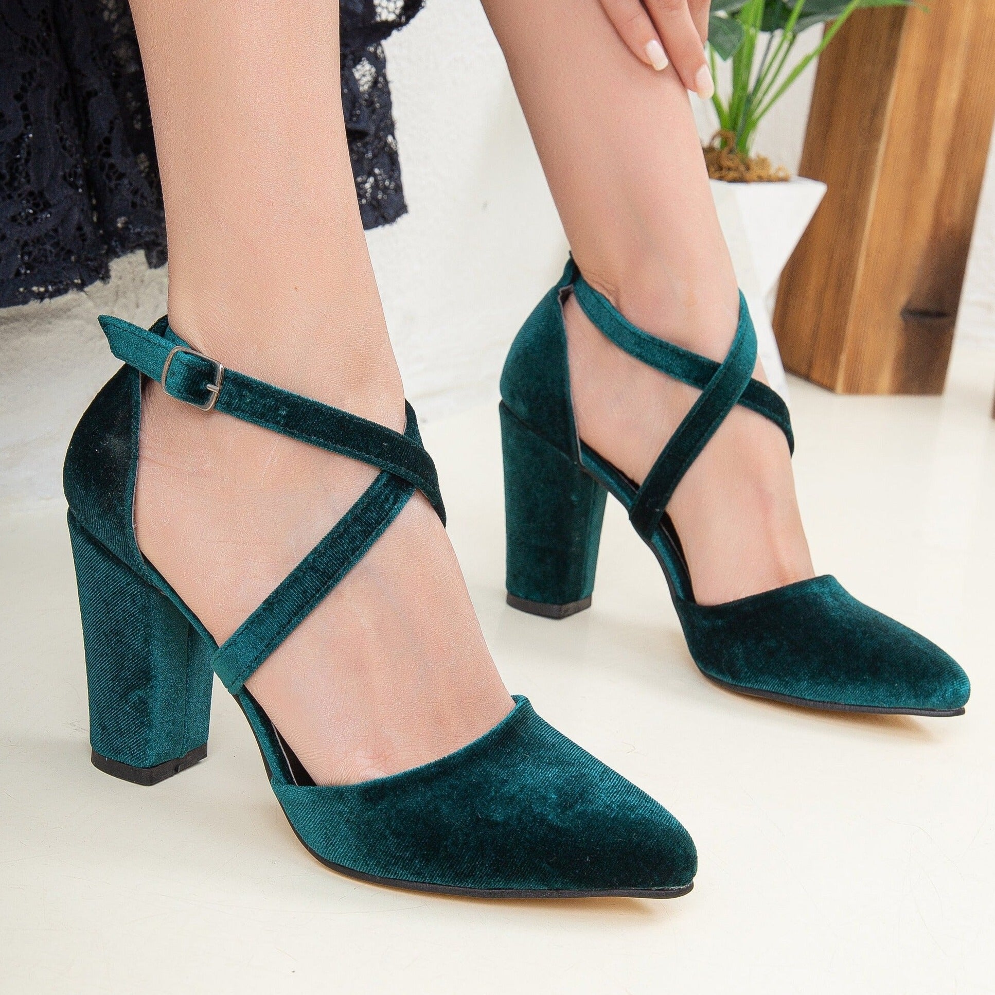 Sina - Green Velvet Criss Cross Heels by Prologue Shoes - Bare Fashion