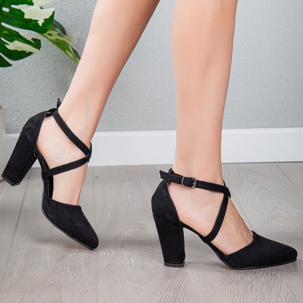 Sina - Black Suede Criss Cross Heels by Prologue Shoes - Bare Fashion