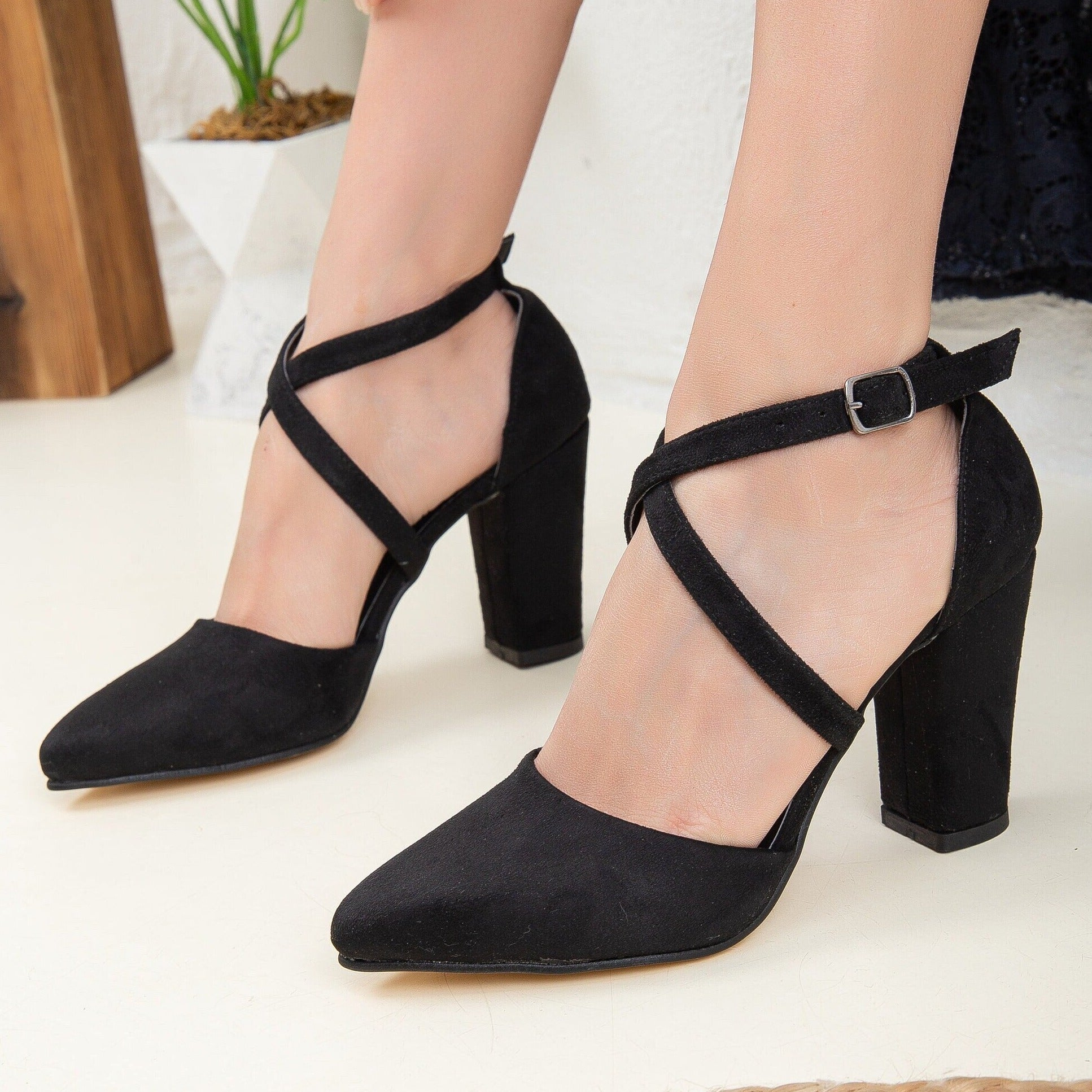 Sina - Black Suede Criss Cross Heels by Prologue Shoes - Bare Fashion