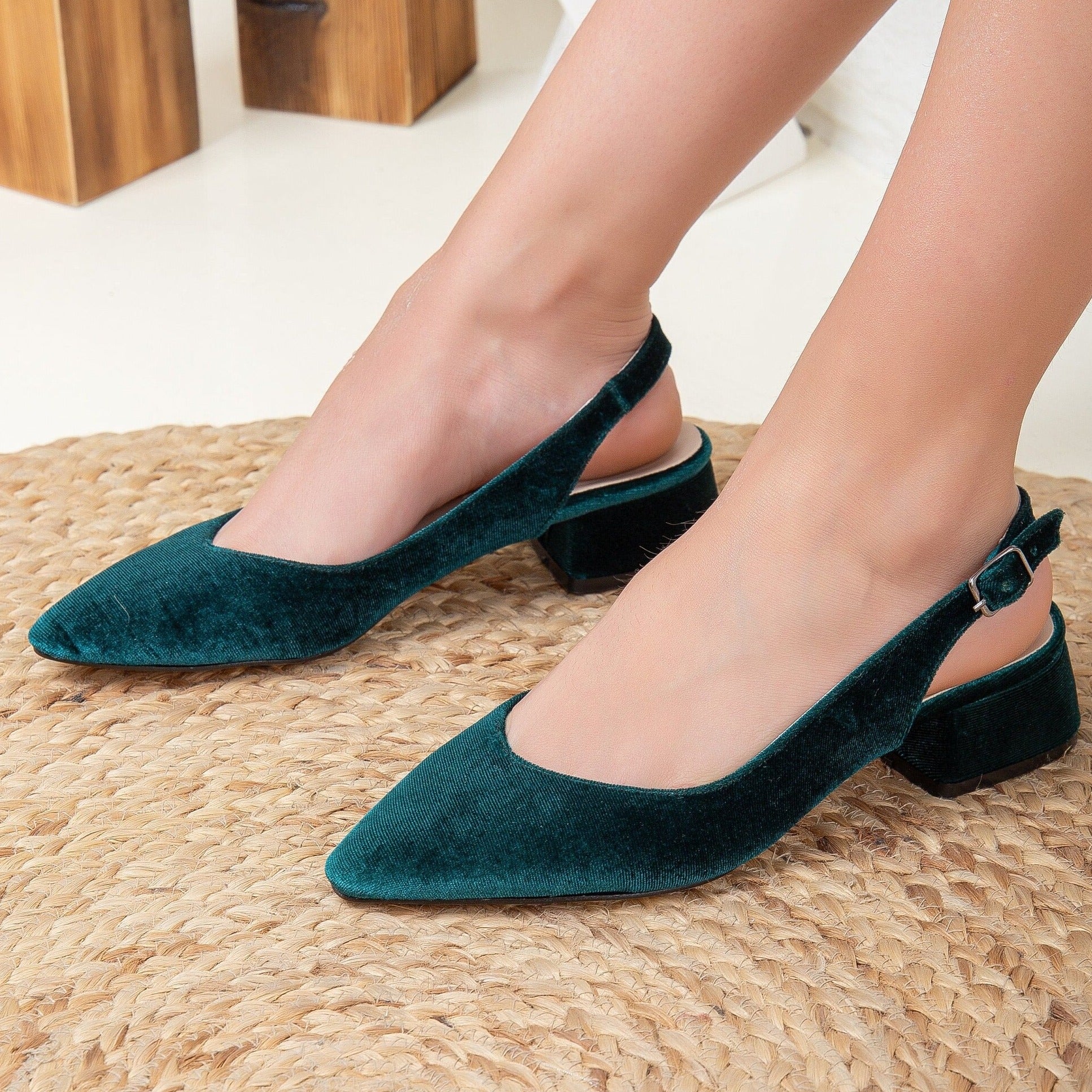 Emma - Green Velvet Slingback Shoes by Prologue Shoes - Bare Fashion