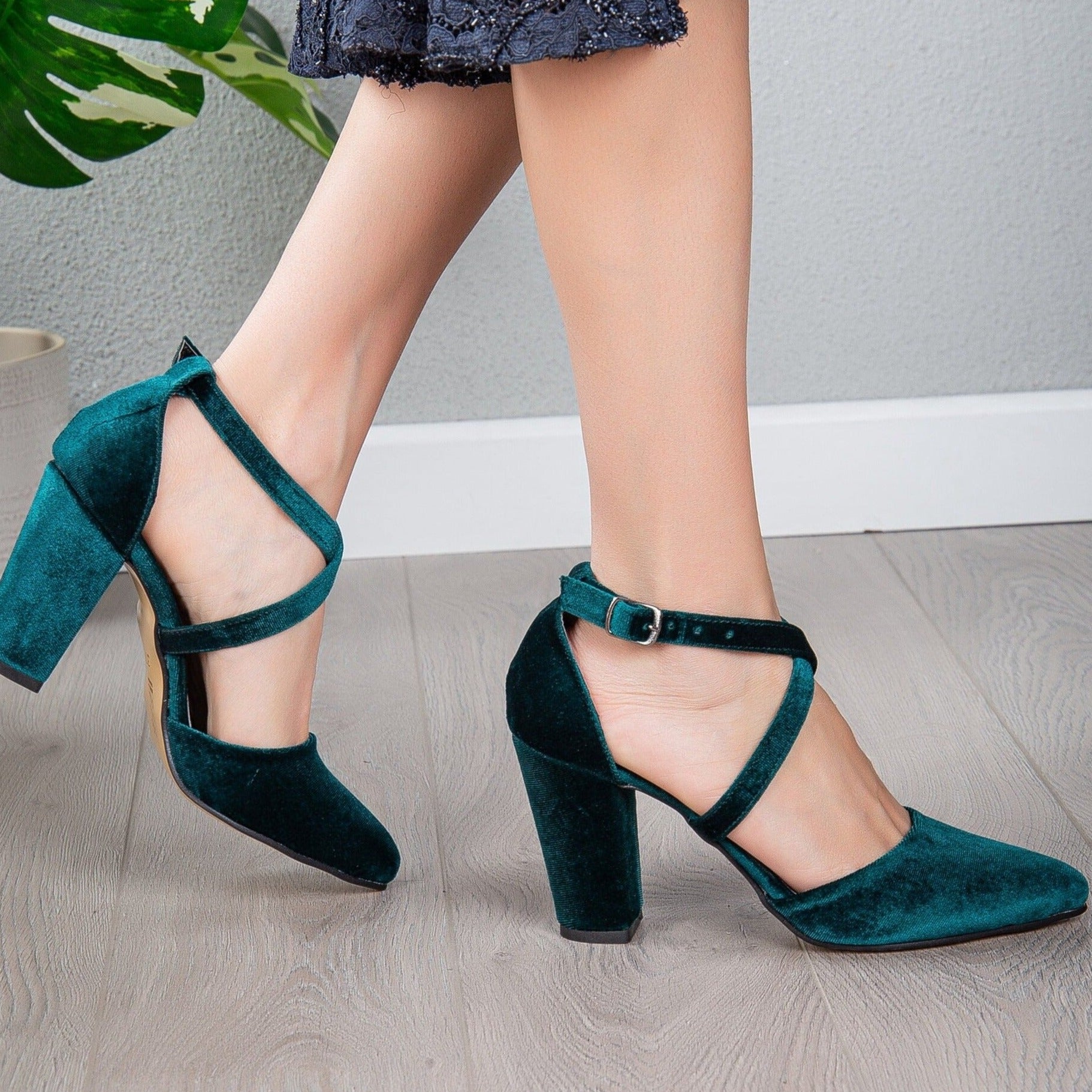 Sina - Green Velvet Criss Cross Heels by Prologue Shoes - Bare Fashion