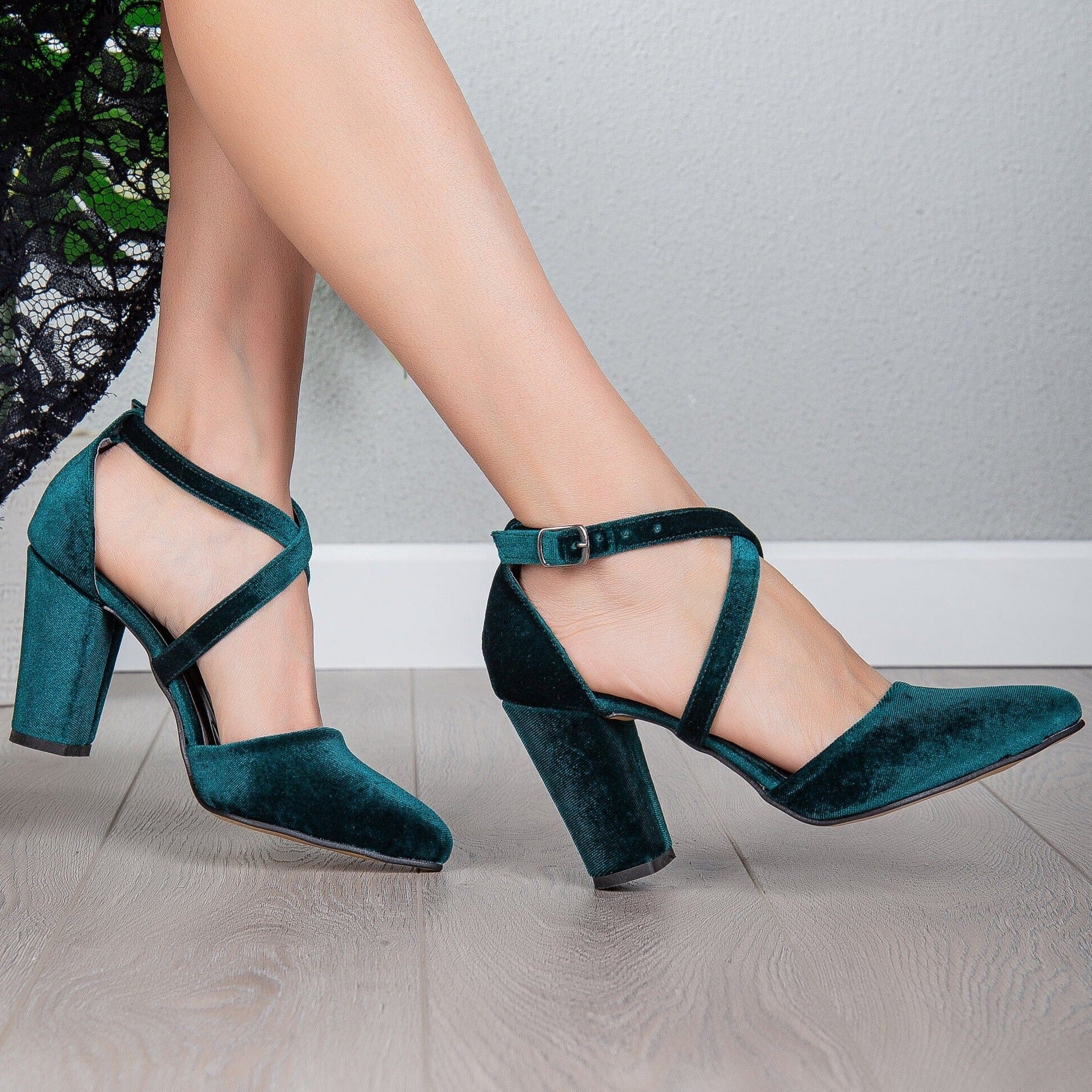 Sina - Green Velvet Criss Cross Heels by Prologue Shoes - Bare Fashion