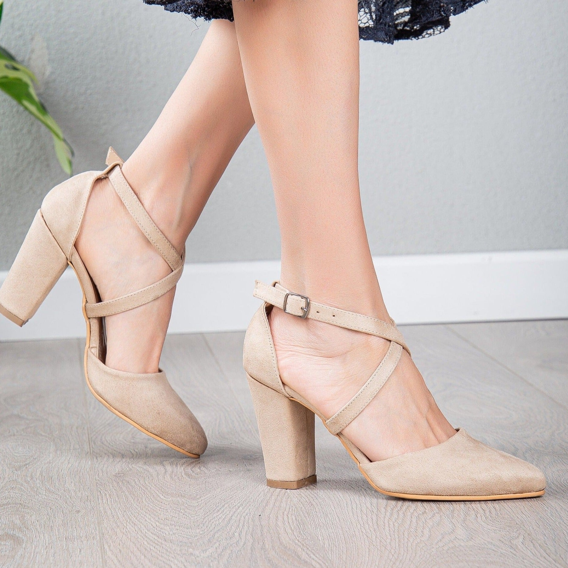 Sina - Beige Suede Criss Cross Heels by Prologue Shoes - Bare Fashion