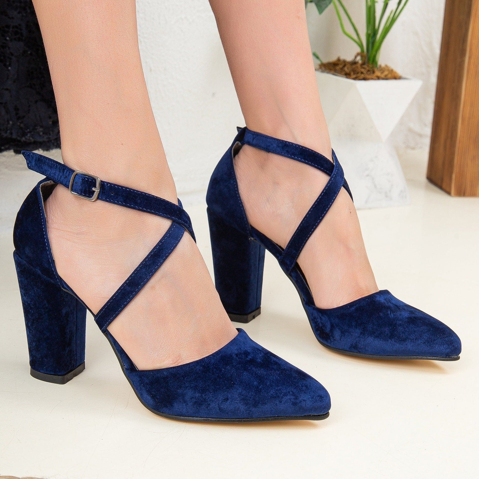 Sina - Blue Velvet Criss Cross Heels by Prologue Shoes - Bare Fashion