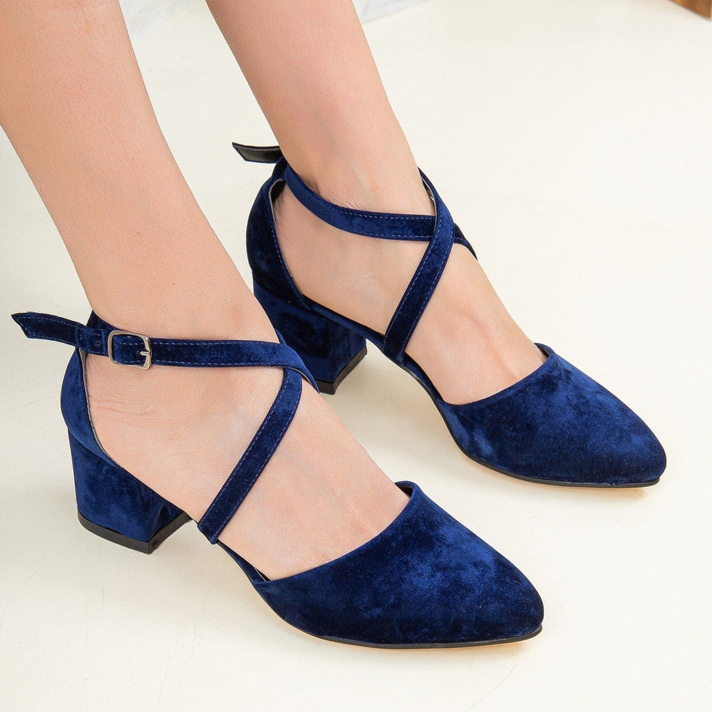 Dolly - Blue Velvet Block Heels by Prologue Shoes - Bare Fashion