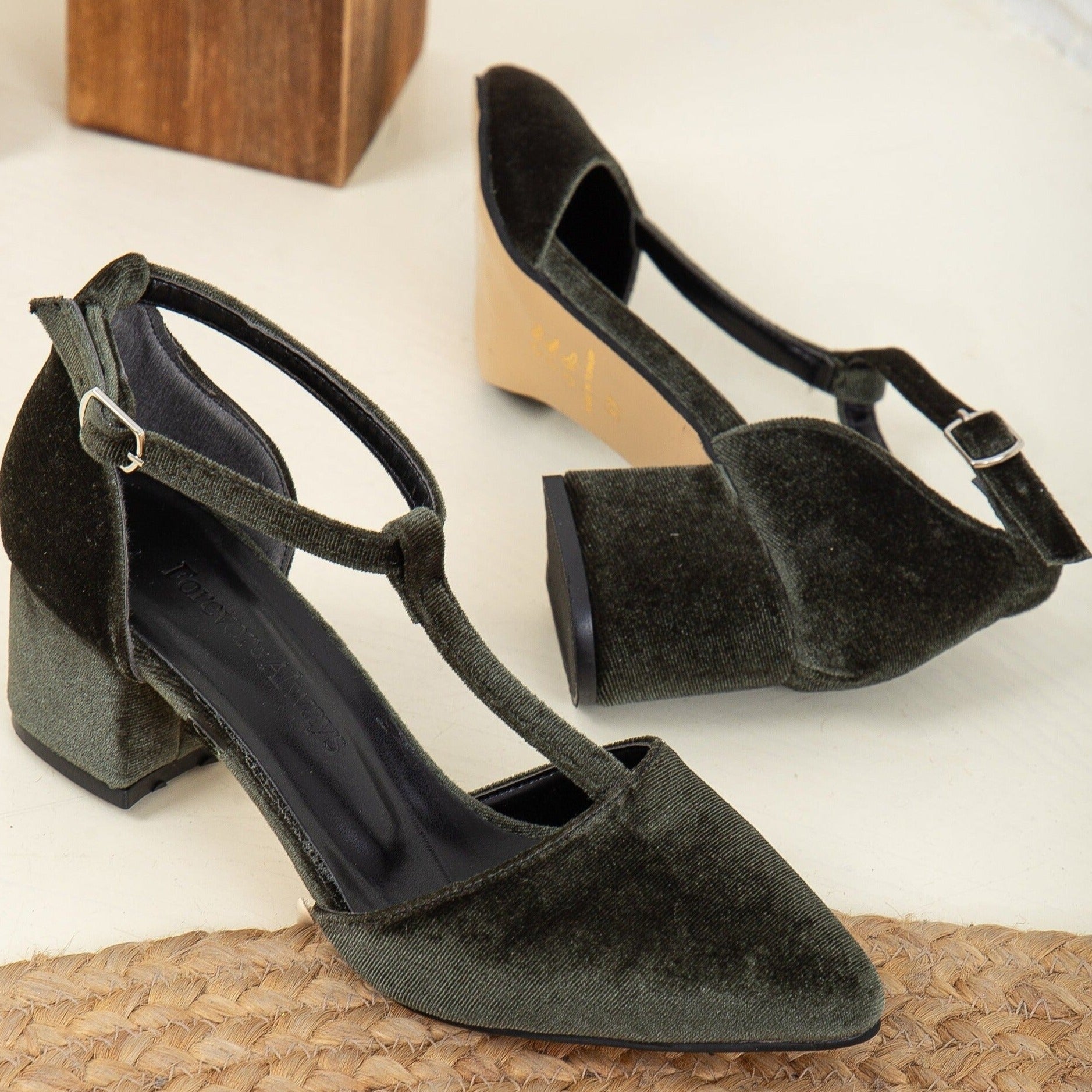 Anicette - Olive Green Velvet Heels by Prologue Shoes - Bare Fashion