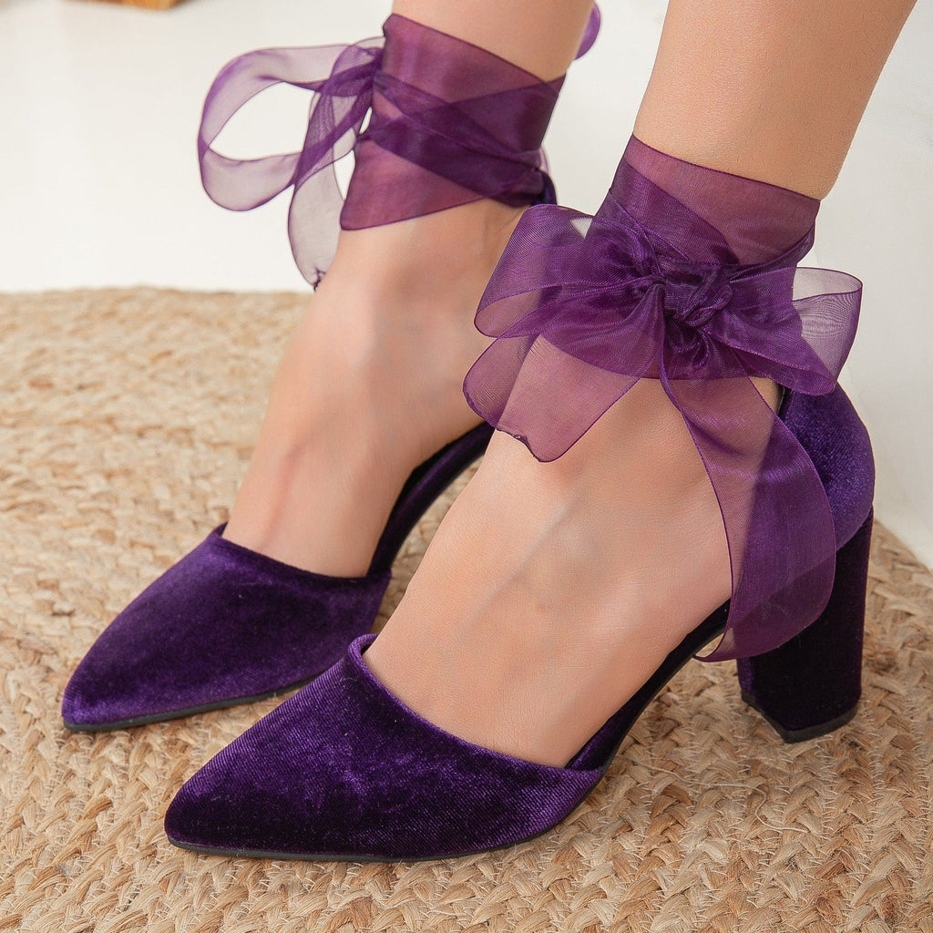 Gisele - Purple Velvet Shoes with Ribbon by Prologue Shoes - Bare Fashion
