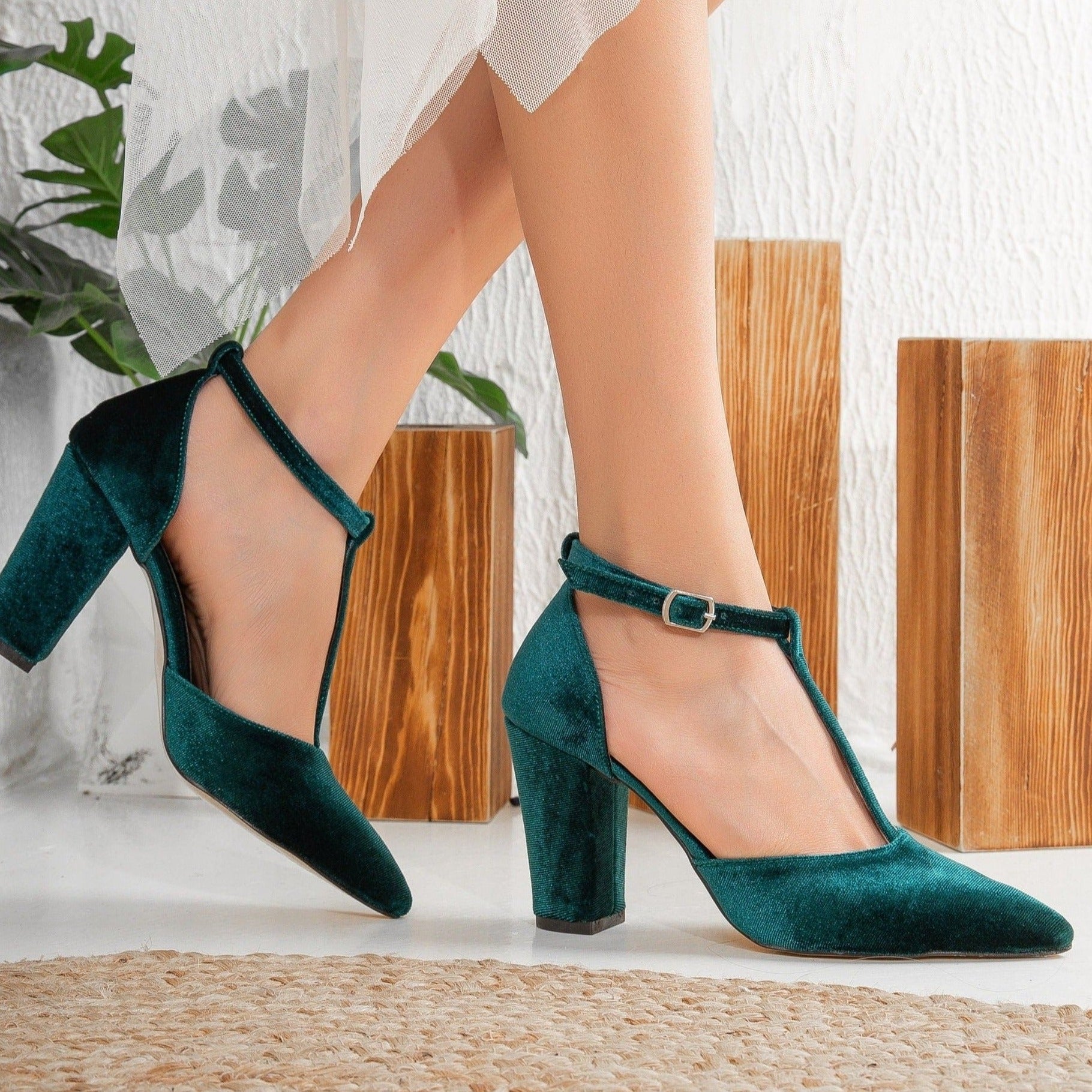 Angelique - Green Velvet Wedding Heels by Prologue Shoes - Bare Fashion