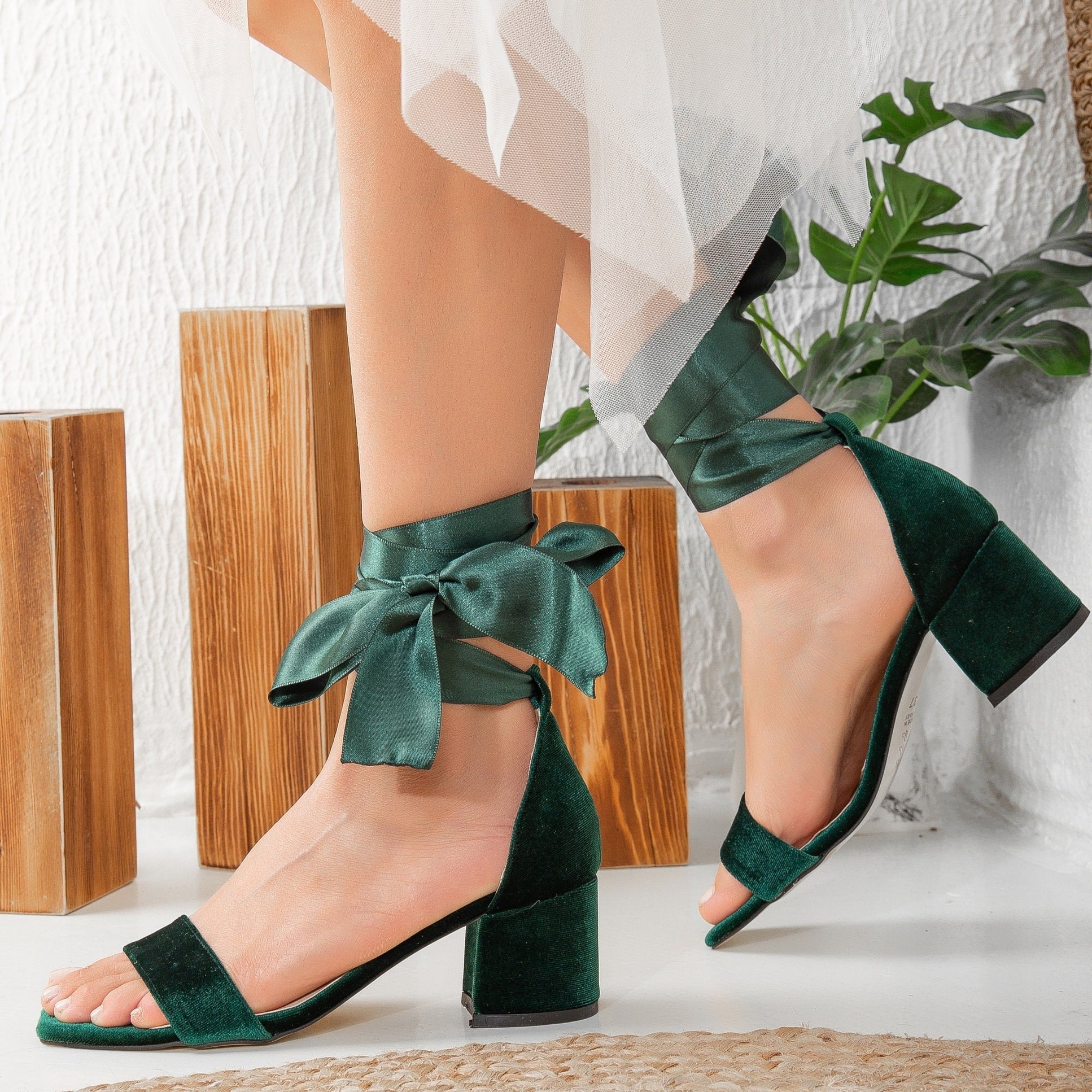 Hera - Green Velvet Low Heel Sandals with Ribbon by Prologue Shoes - Bare Fashion