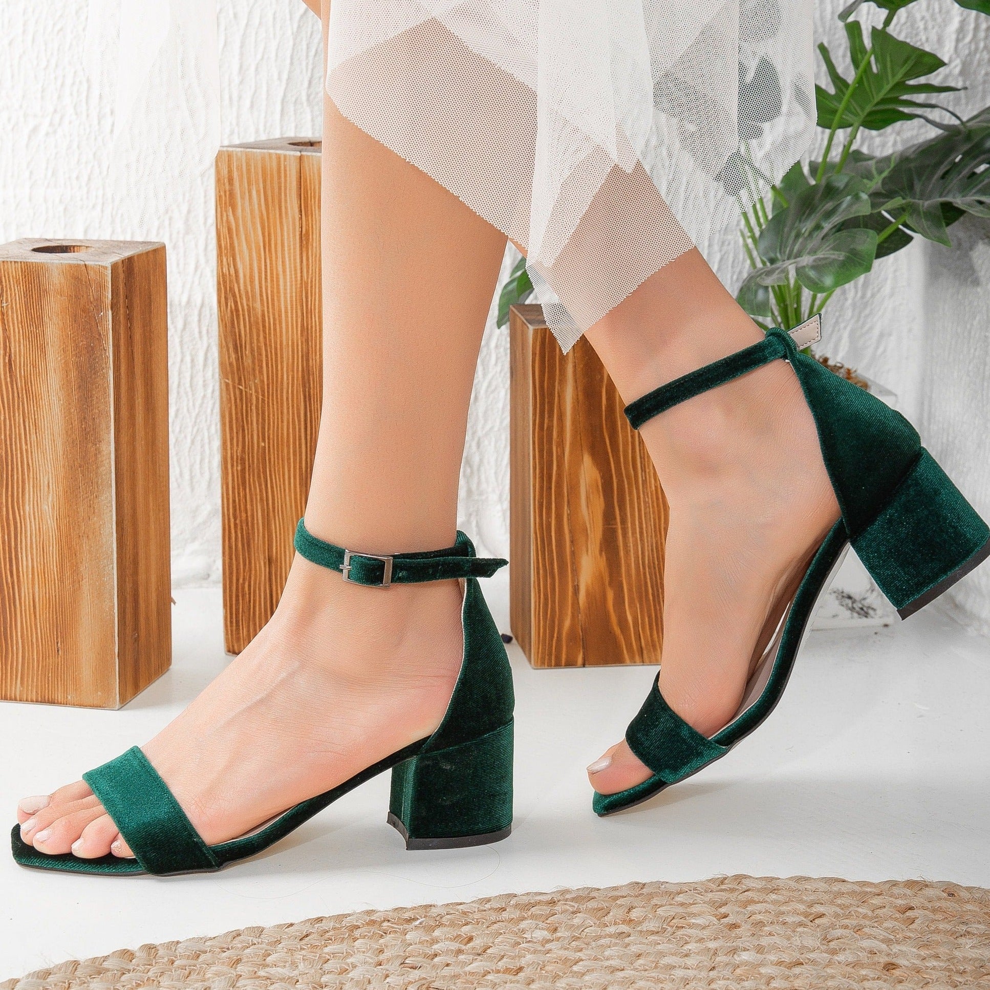 Hera - Green Velvet Low Heel Sandals with Ribbon by Prologue Shoes - Bare Fashion
