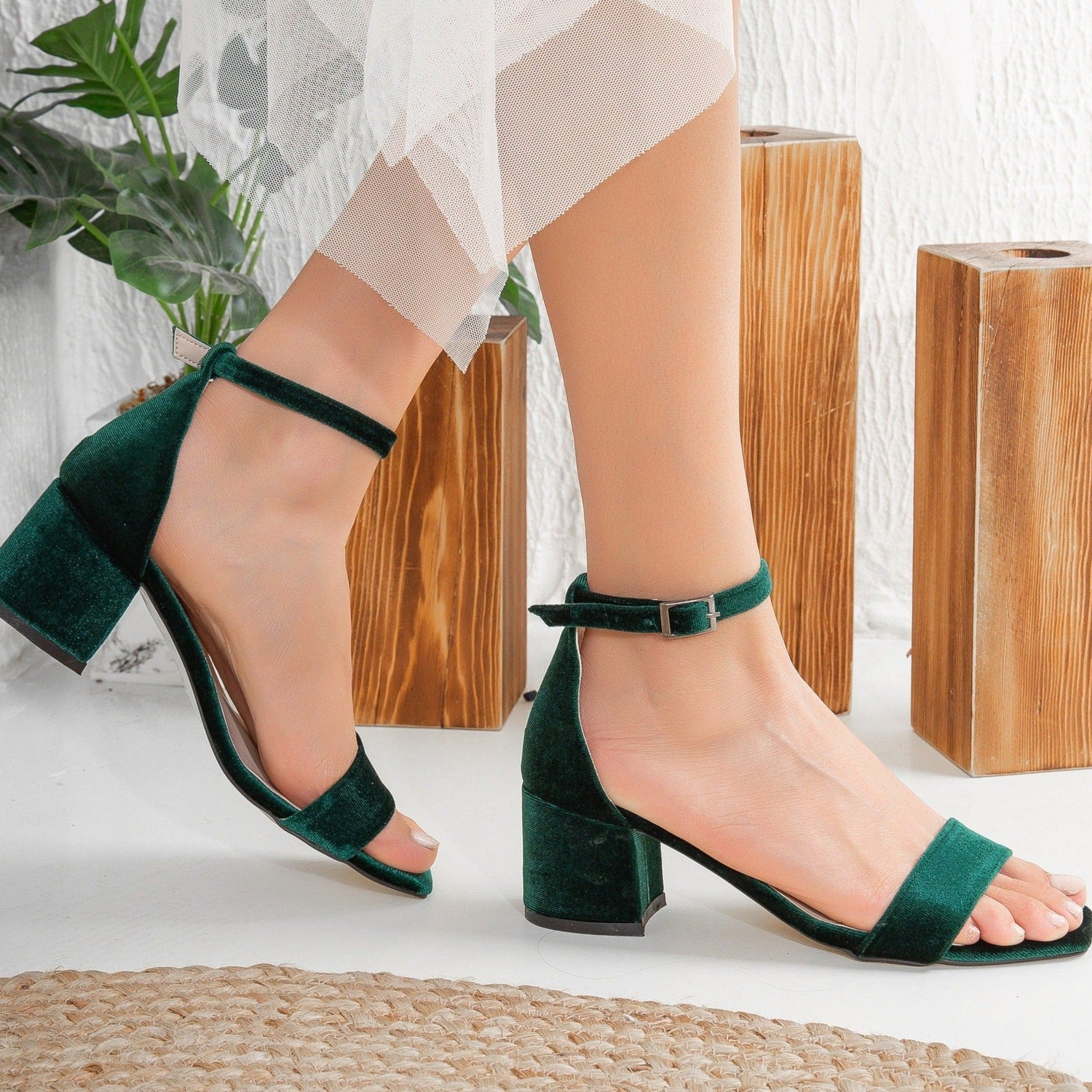Iva - Green Velvet Low Heel Sandals by Prologue Shoes - Bare Fashion
