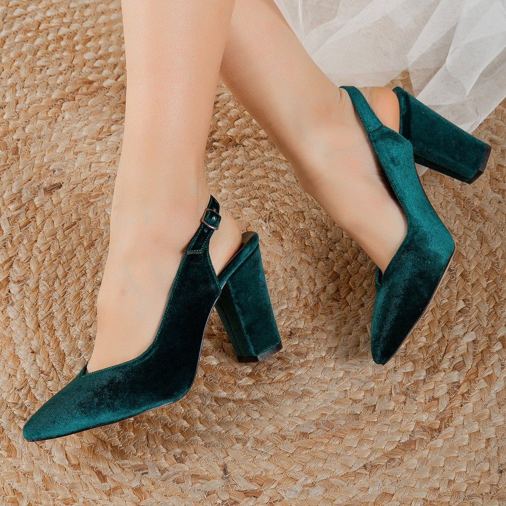 Emma - Green Velvet Slingback Heels by Prologue Shoes - Bare Fashion
