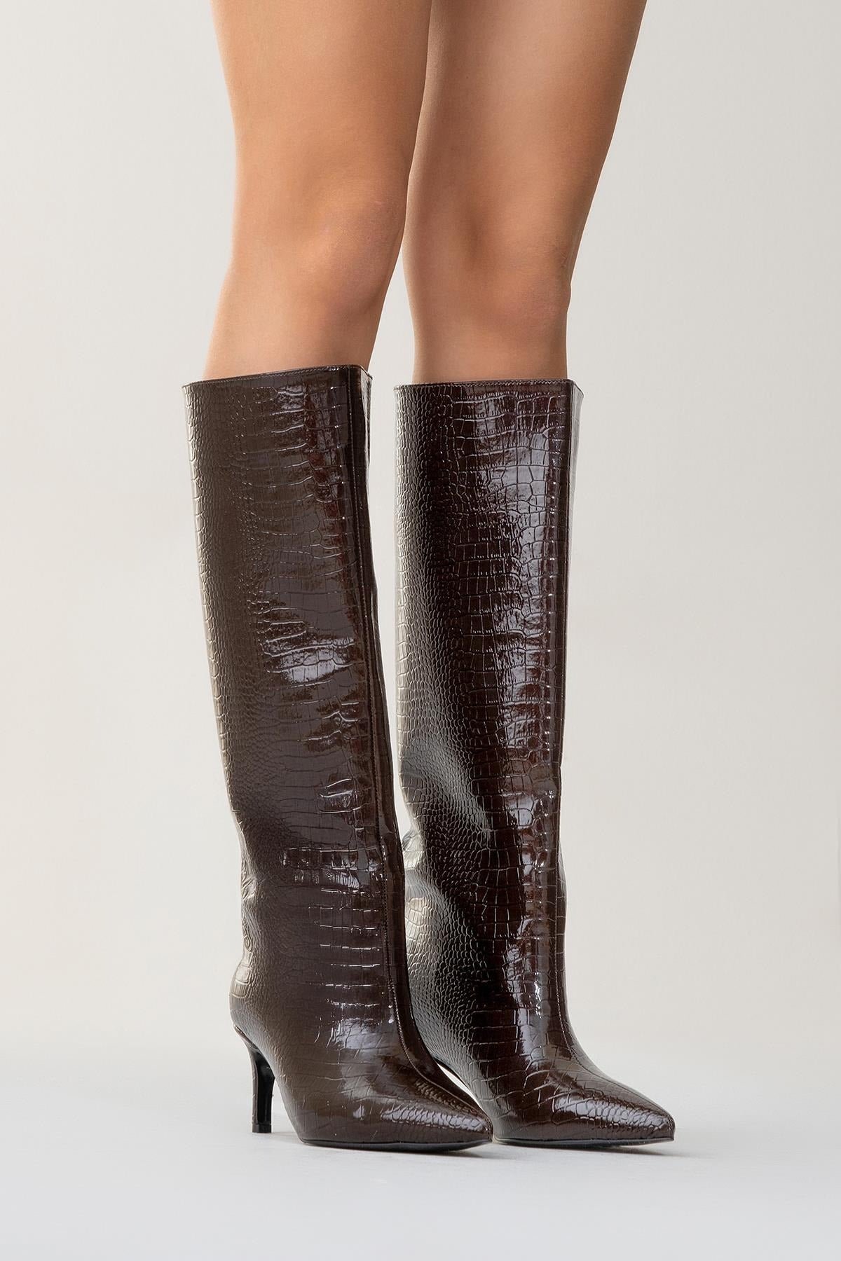 Cassandra Brown Pattern High‑Heel Boot (Women) by Prologue Shoes - Bare Fashion