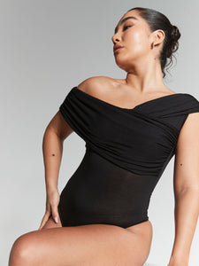 Rhea Black Multiway Ruched Bardot Bodysuit by InFlair - Bare Fashion