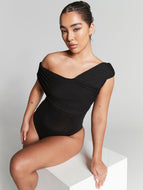 Rhea Black Multiway Ruched Bardot Bodysuit by InFlair - Bare Fashion