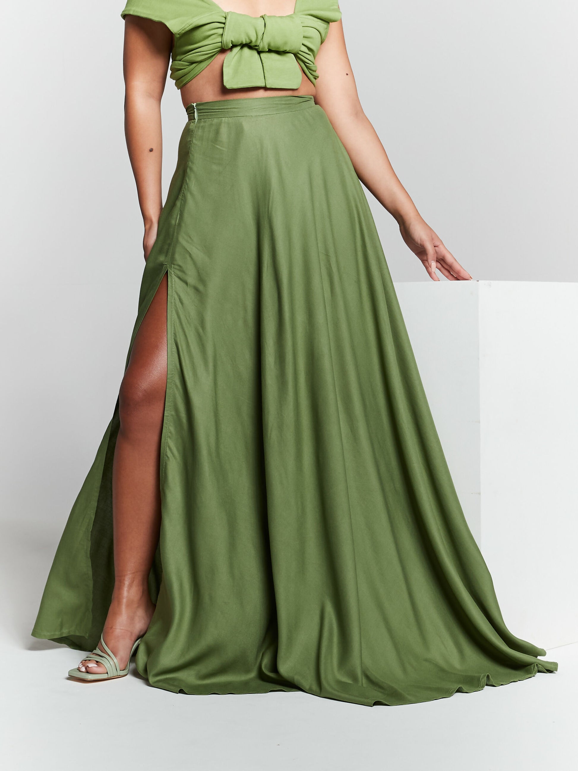 Olive Green Split Flared Maxi Skirt by InFlair - Bare Fashion