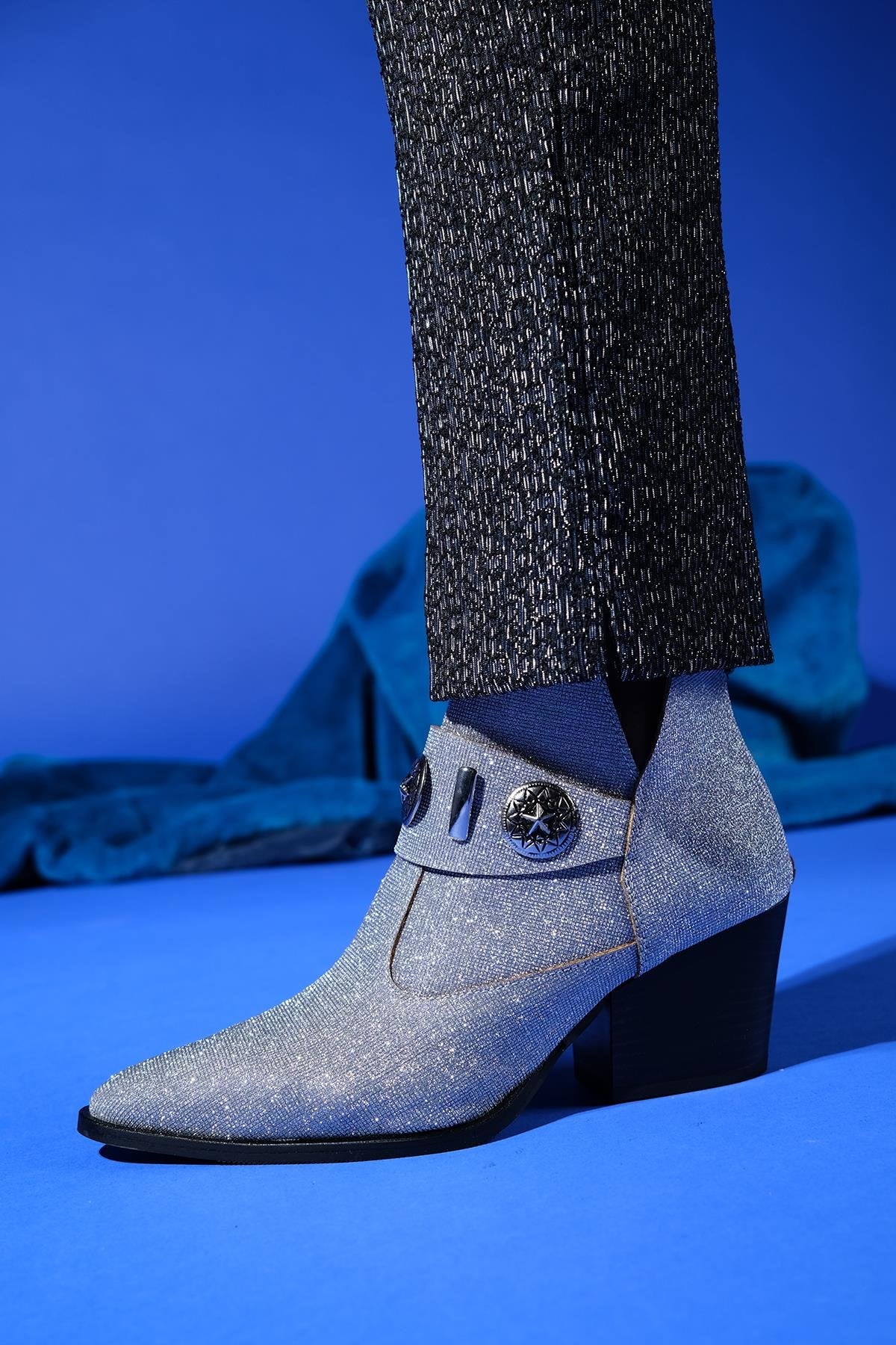 Kenda Silver Glitter Buckle Block Heel Boot (Women) by Prologue Shoes - Bare Fashion